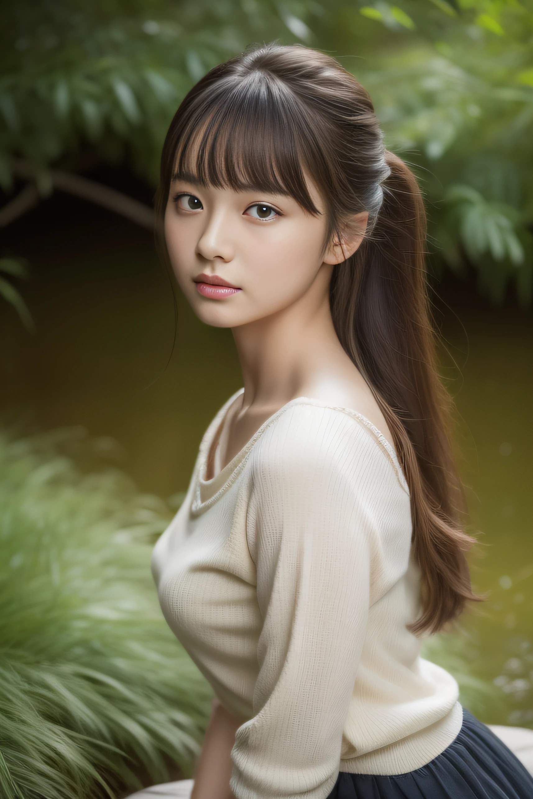 (((​masterpiece))), top-quality, Extremely detailed, Detailed background, 
bird's eye view, 18mm wide lens, long shot, A bench by a quiet lake in the forest, sitting, Very beautiful girl in distance, japanese, 12 yo,  Detailed face, bangs, (Full body:1.3), (random hairstyles :1.2), (Young Face), (Perfect body:1.1), blouse, skirt, autumn, in 8K, Wallpaper, amazing, finely detail, Ultra-detailed, 超A high resolution, Extremely detailed, Pure erotic face, extremely detailed eye and face, Beautiful detailed eyes, highly detailed skin, No makeup, (Natural Skin),