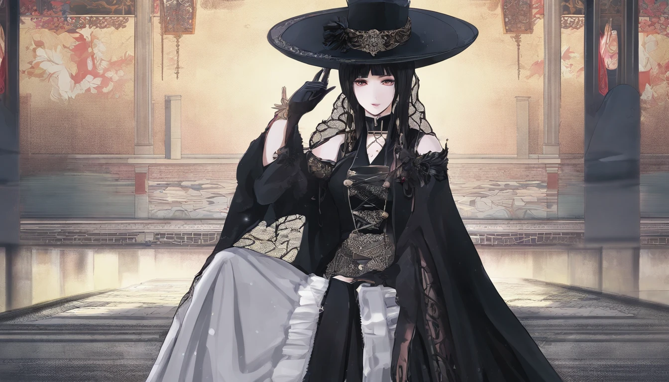 Araffe woman in black dress and black hat posing for photo, inspired by Otake Chikuha, Sui Ishida with black hair, based on Iwasa Matabey, Masami Kurumada Style, inspired by Yukihiko Yasuda, based on Sakai Hoitsu, Wearing Japanese technical clothing, wearing a black noble suit