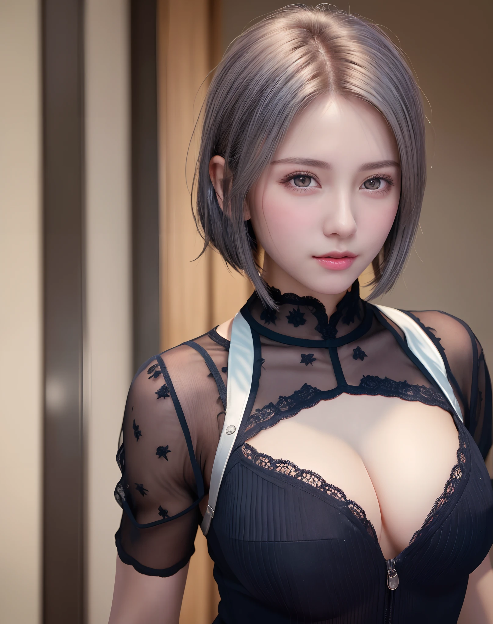 (8K, Photorealistic, Raw photo, of the highest quality: 1.3), (1girl in), Super beautiful, (Realistic face), (boyish, Silver Color Berry Shorthair), Beautiful , Glare that captivates the viewer, Beautiful expression, Beautiful breasts, (Realistic skin), Beautiful...