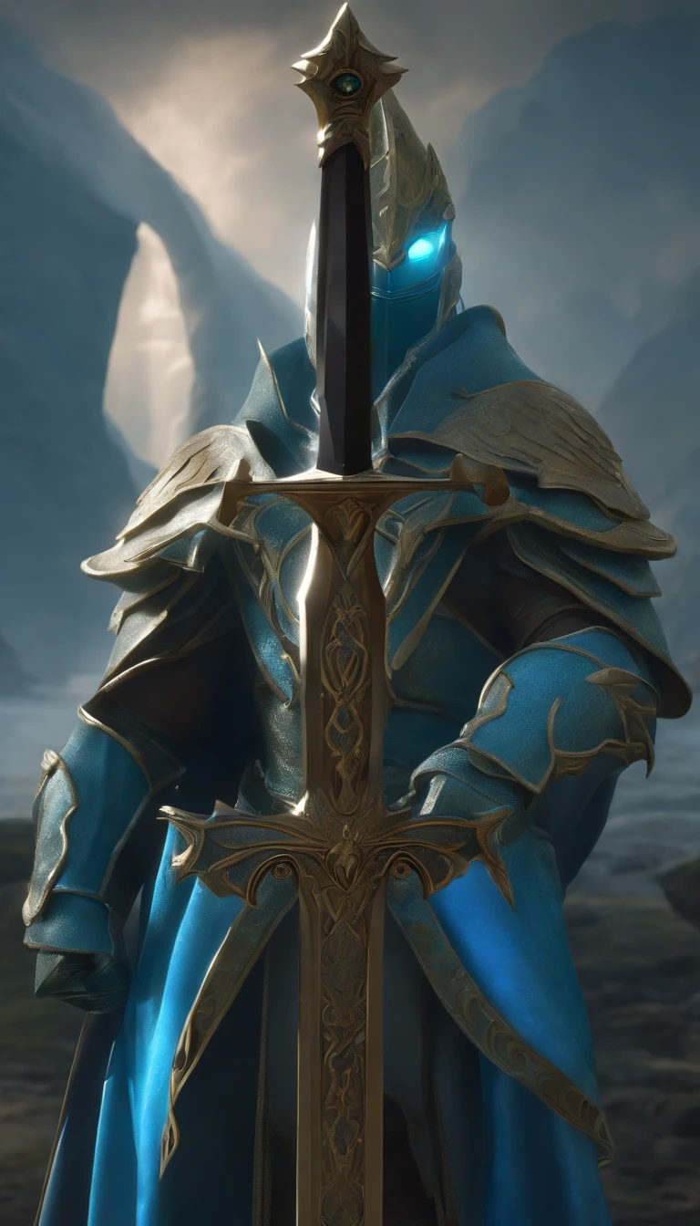 Excalibur, Delicate mango, The sword body is exquisite,well decorated,(((The body of the sword is designed with a blue opal and a light green particle effect shaped pattern..:1.3))), Should, (The sword body is symmetrically decorated:1.3), (The entire Excalibur blade is centered:1.3), Close-up at medium range,(General silhouette:1.3),(Fantastic landscape painting:1.2), Ultra Realistic Photo, super-fine, 8K,the highest picture quality, ..。.。.3D,C4D, tmasterpiece, rendering by octane, lion, eagle