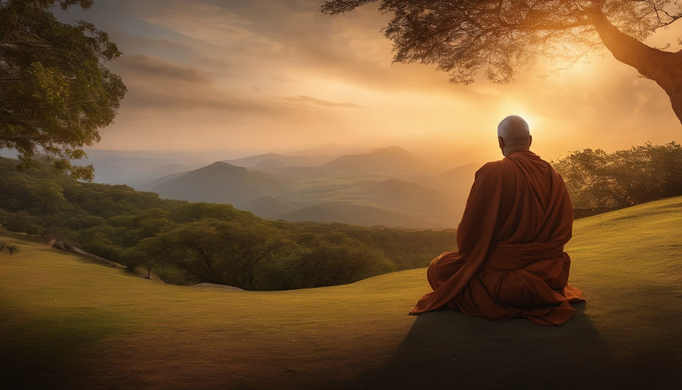 painting of a monk sitting on a rock in a forest, monk meditate, buddhist monk meditating, on path to enlightenment, buddhism, his mind contemplating eternity, buddhist, zen meditation, spiritual enlightenment, on the path to enlightenment, beautiful art uhd 4 k, meditation, 4k highly detailed digital art, 4k art, serene illustration, meditating, background artwor