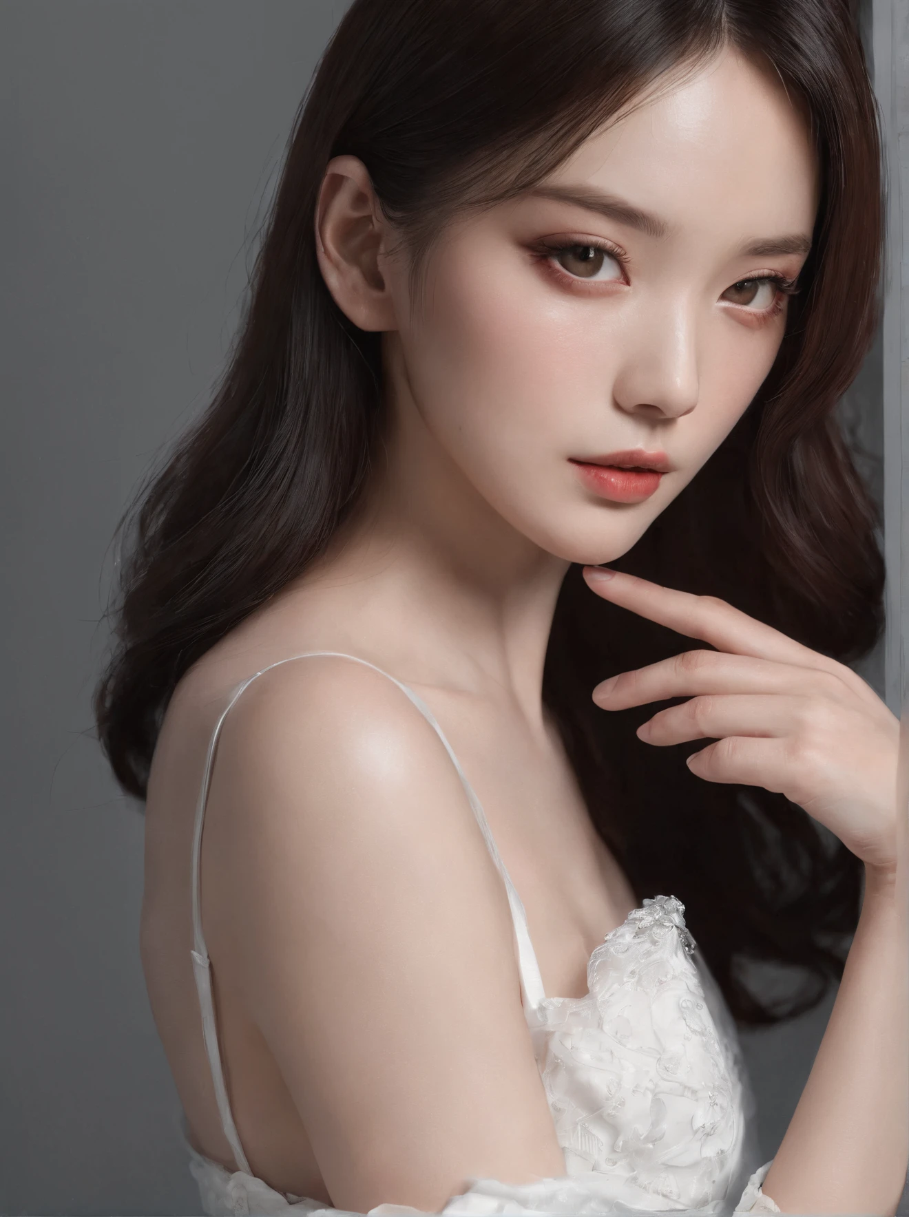 beste-Qualit, master-piece, ultra-high resolution, (photorealistic portrait:1.4), raw picture, 1 Korean Girl,white dress,Show your shoulders., In the dark, Deep Shadows, Low key, cold light,A Beautiful Girl ,nice skin ,cosmetic style,show to much skin