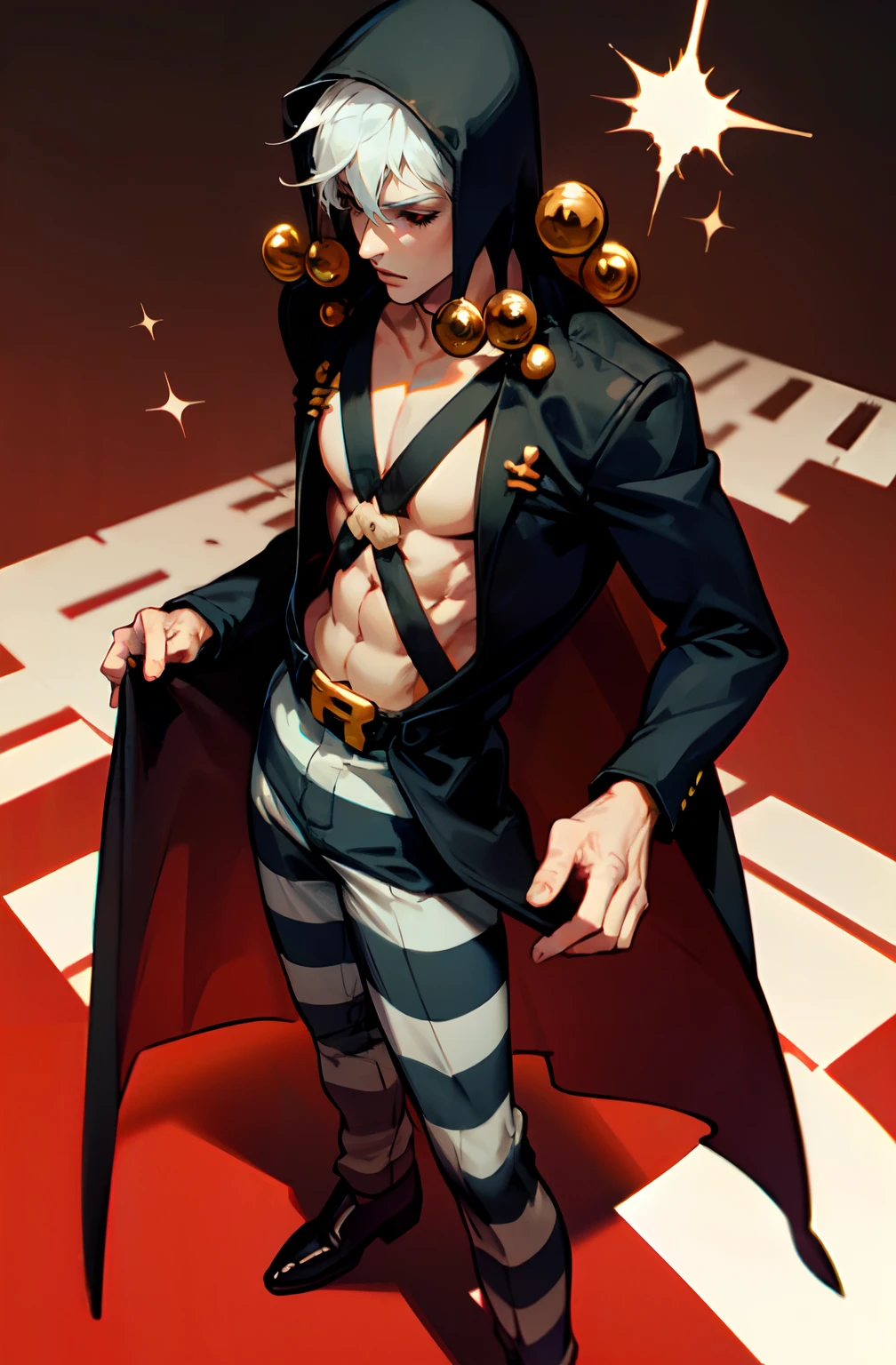 Risotto Nero, Black overcoat, striped pants, black hat, white hair, red eyes, black sclera, chest straps, 1boy, male focus, solo