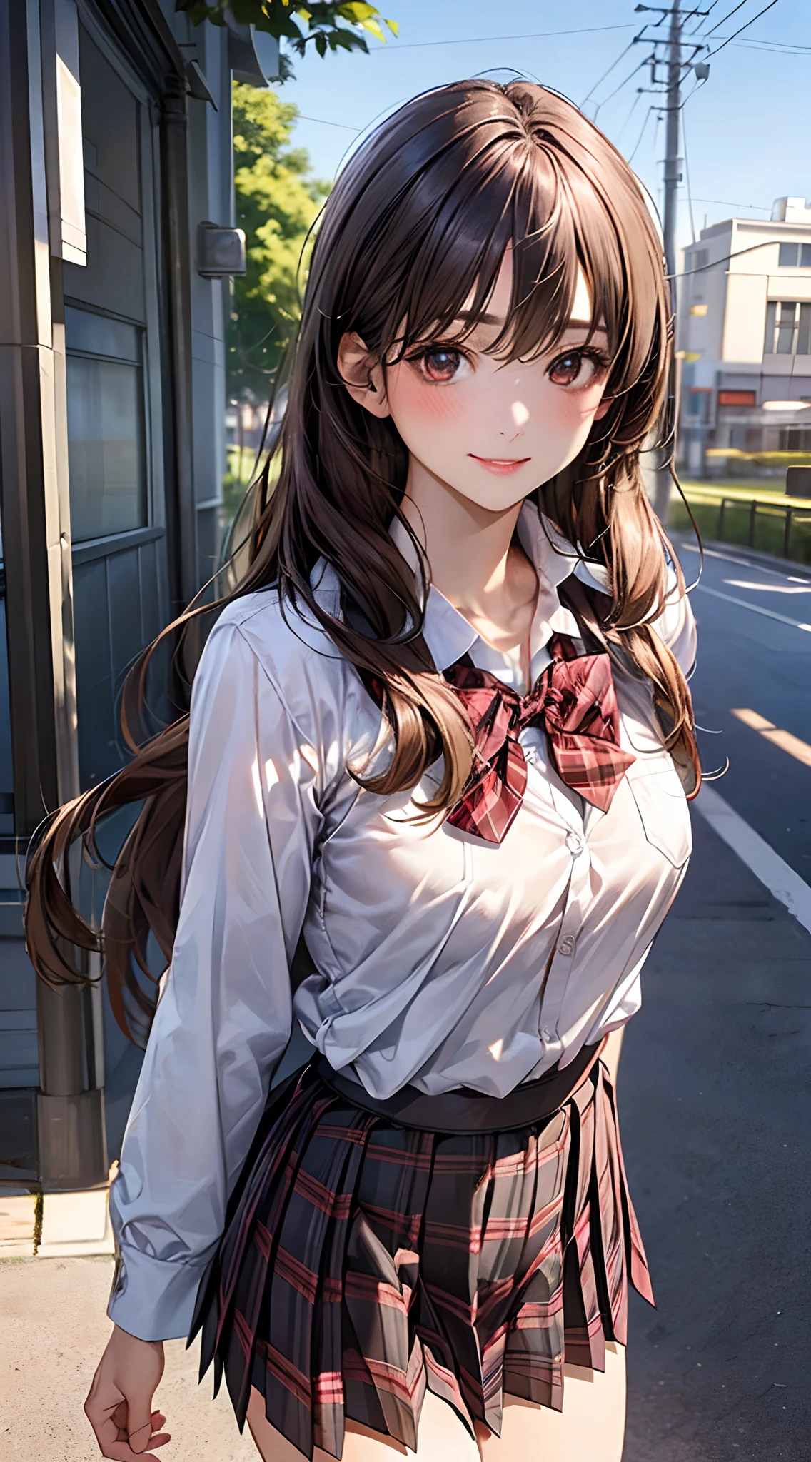 (masterpiece:1.2, top-quality), (realistic, photorealistic:1.4), beautiful illustration, 
looking at viewer, cowboy shot, front view:0.8, 
1 girl, japanese, high school girl, (long hair:1.5), blown hair, bangs, hair between eye, brown eyes, large breasts:0.8, 
beautiful hair, beautiful face, beautiful detailed eyes, beautiful clavicle, beautiful body, beautiful chest, beautiful thigh, beautiful legs, beautiful fingers, 
(beautiful scenery), , school,
((collared shirt, white shirt, school uniform, navy long sleeves jacket, light brown plaid pleated skirt, red plaid bow tie)), white panties, 

standing, walking, 
smile, ,