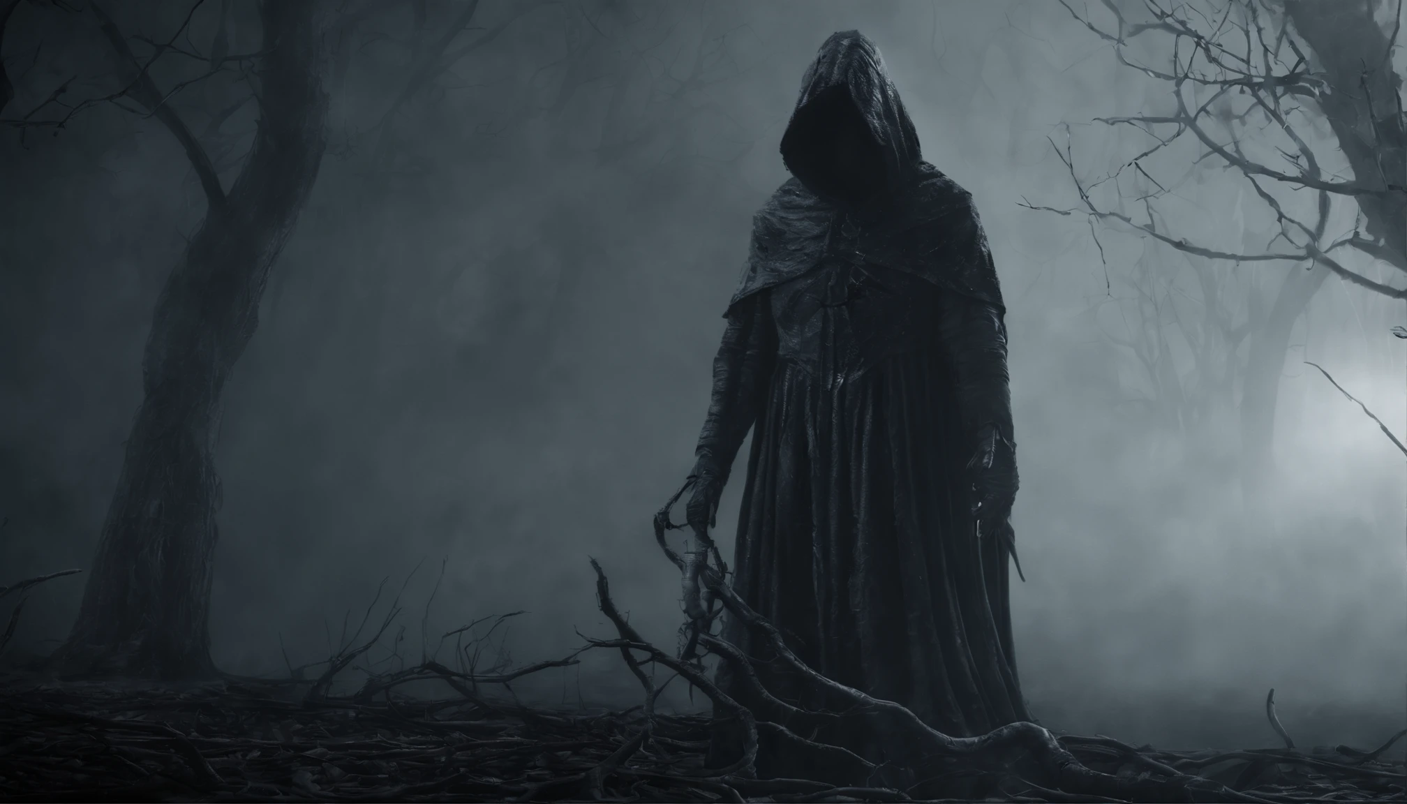 Create a frighteningly detailed and realistic depiction of the hooded figure of Death. The scene is expected to feature a black silhouette with a skull on a face and a skeletal hand holding a menacing sickle. Esta figura sinistra deve ter como pano de fundo uma noite nebulosa iluminada pela luz fria da lua. A imagem deve exalar uma atmosfera sinistra e arrepiante. Use Octane rendering to capture realistic textures and lighting. The resolution should be an impressive 8K, ensuring extraordinary clarity and precision in portraying the sinister aspect of Death.