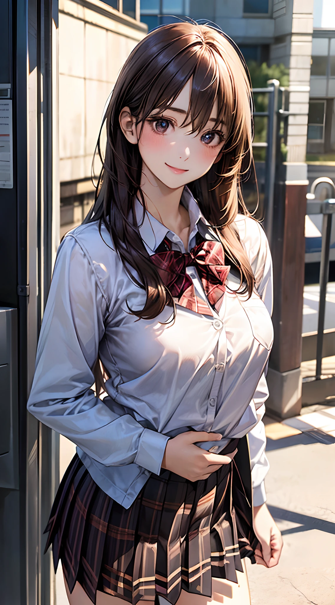 (masterpiece:1.2, top-quality), (realistic, photorealistic:1.4), beautiful illustration, (natural side lighting, movie lighting), 
looking at viewer, cowboy shot, front view:0.6, 1 girl, japanese, high school girl, perfect face, cute and symmetrical face, shiny skin, 
(long hair:1.8, drill hair:1.7, dark brown hair), hair between eye, emerald green eyes, long eye lasher, (large breasts:0.9, thick thighs), 
beautiful hair, beautiful face, beautiful detailed eyes, beautiful clavicle, beautiful body, beautiful chest, beautiful thigh, beautiful legs, beautiful fingers, 
((light purple sleeveless collared shirts, black tight mini skirt, high heels)), pink panties, 
(beautiful scenery), evening, riverside, walking, hands on chest, (lovely smile, upper eyes), 