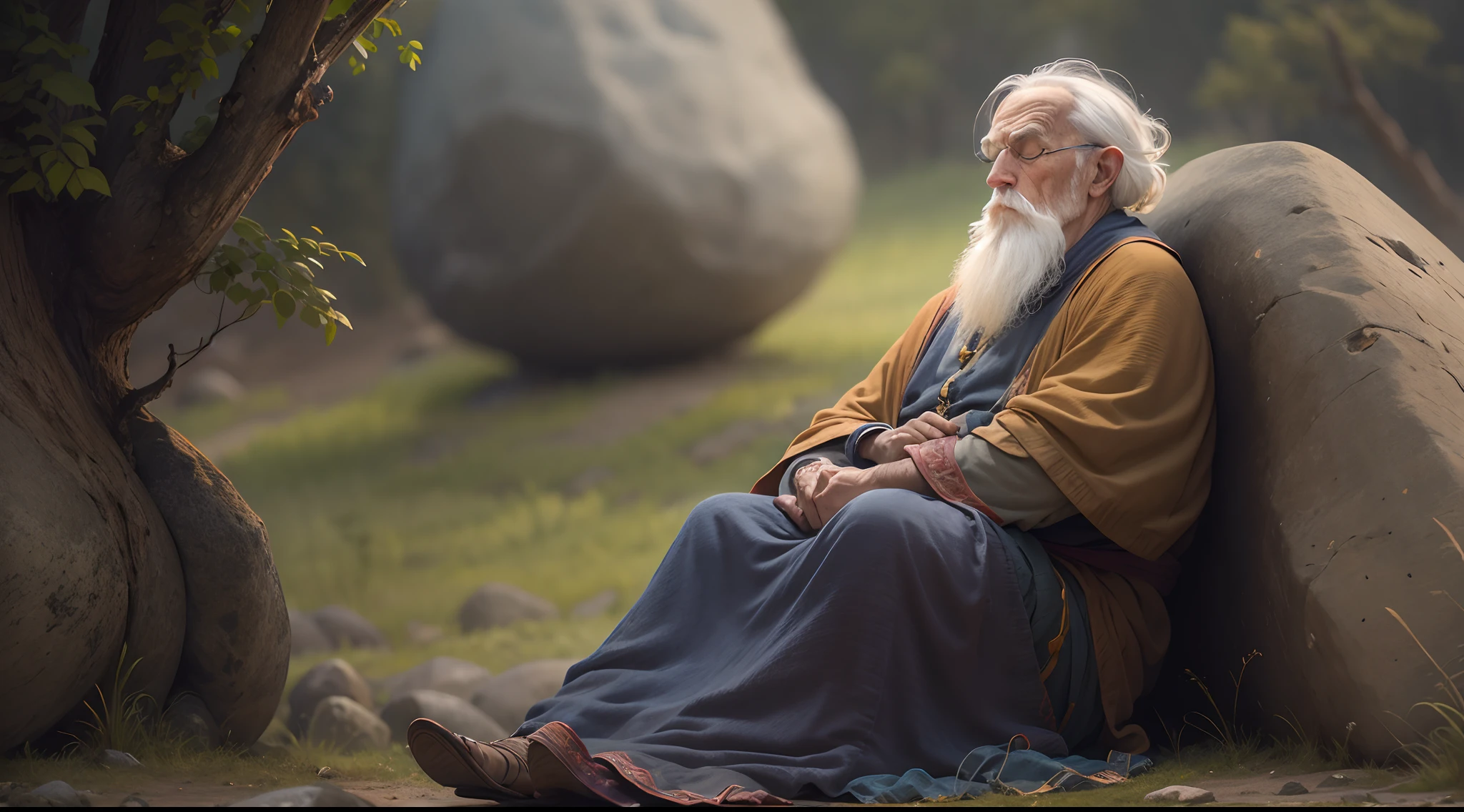 the wise old man in the foreground, sitting peacefully beside the long boulder with his eyes closed in meditation. He should be the central focus,8k
