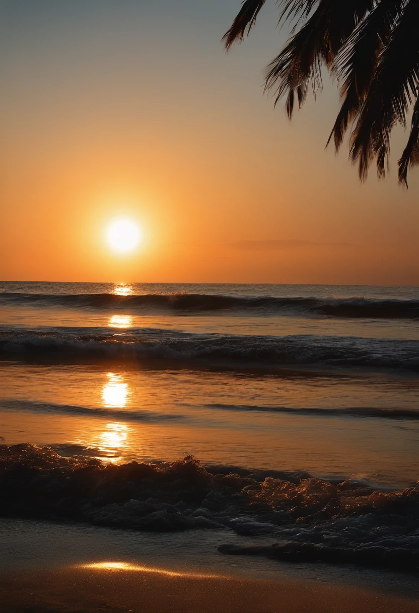 (best quality, 4k, highres, masterpiece:1.2), detalhes ultra-detalhados, realista, cores vivas, foco nítido, luz natural, tonalidade quente, retratos, paisagem, praia, palmeiras, orange sky, reflections in water, serenidade.