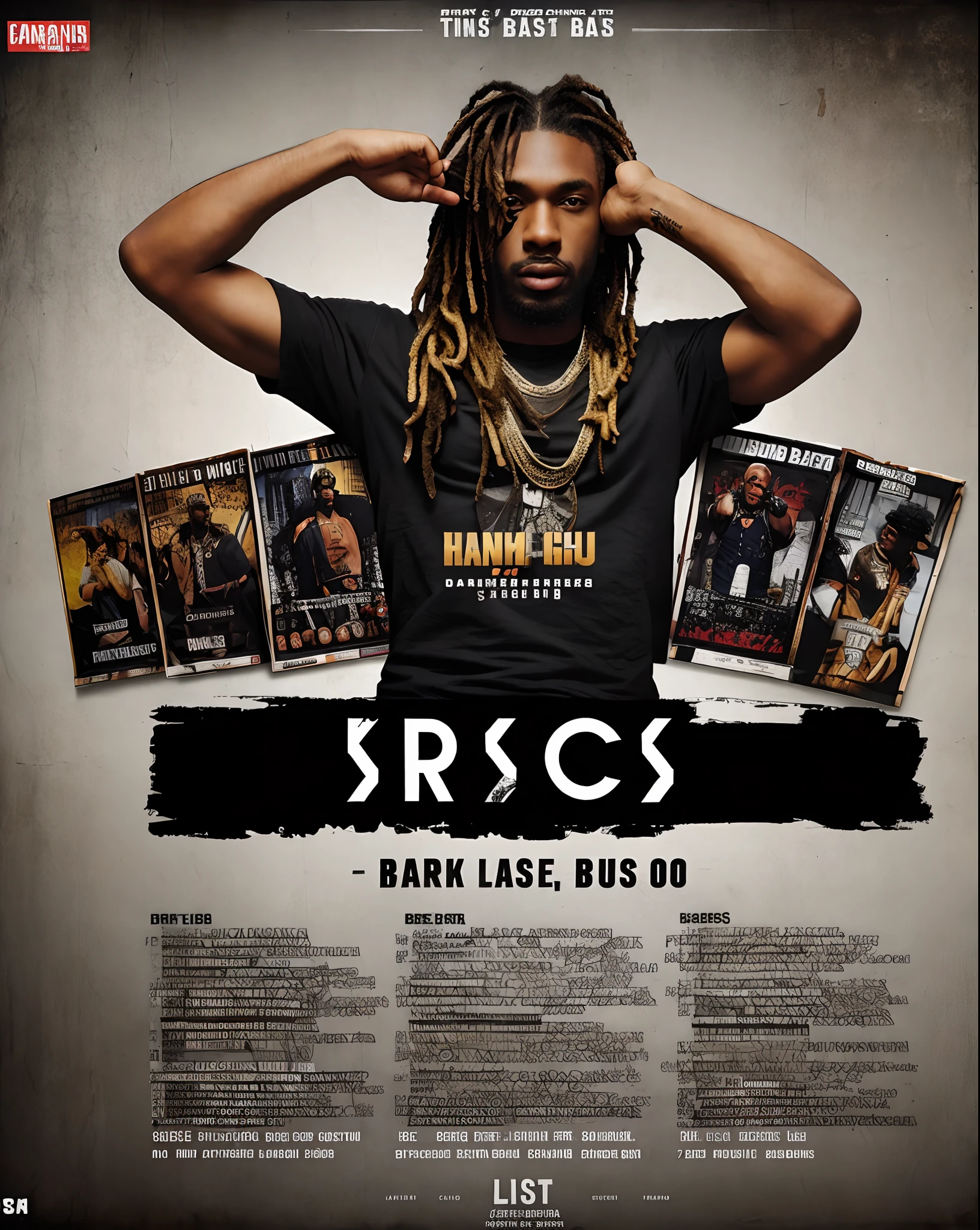 a musical drum n bass Flyers info with list of list of , rappers, , artists names