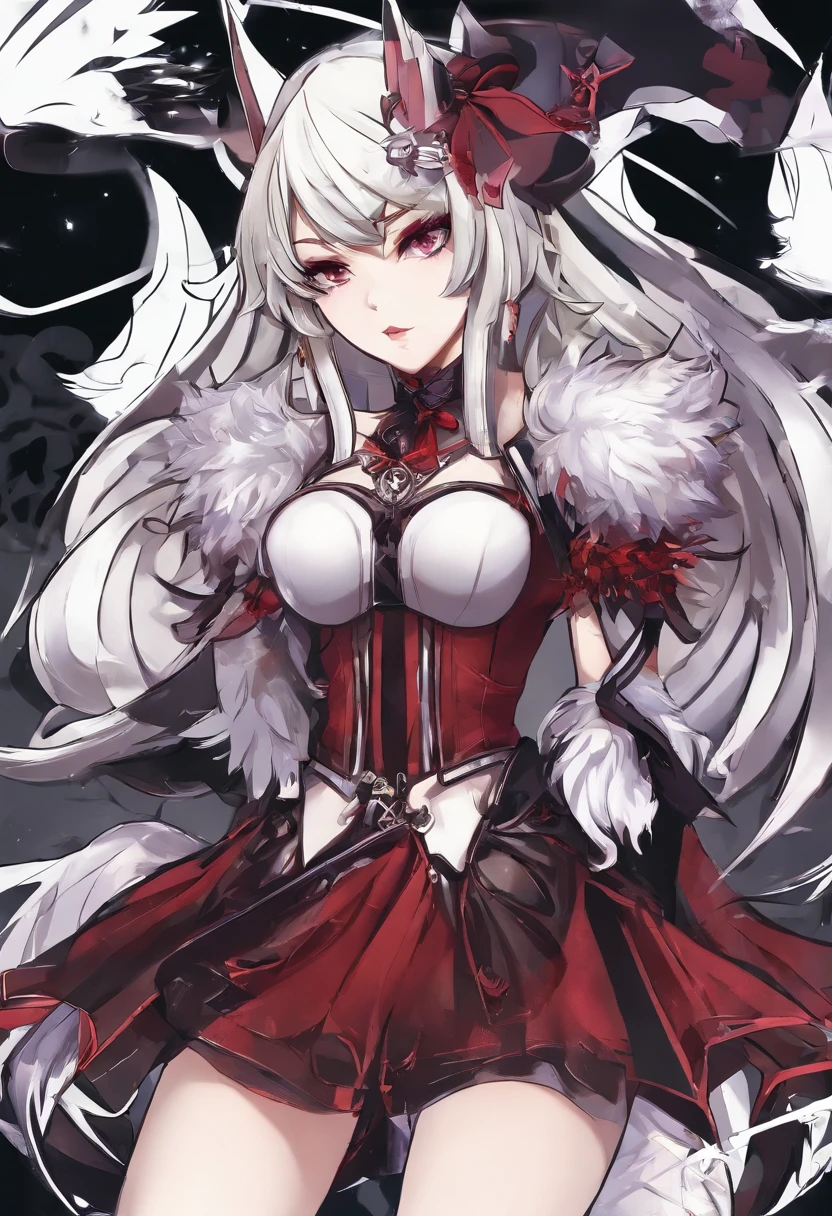 masterpiece, best quality, 1girl, solo, <lora:evaroux-cv-richy-v1:1> evaroux, red eyes, glowing eyes, eyeshadow, scar, scar on face, necklace, cleavage, red dress, torn clothes, underboob, black gloves, fur collar, pantyhose, knee boots