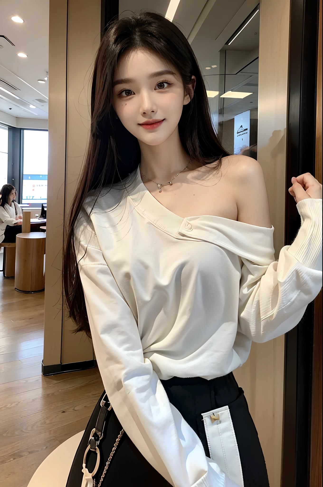 ​masterpiece、top-quality)、1 beutiful girl、Slim body、((Black and white plain clothes:1.1))、(Detailed beautiful eyes)、Walk around the store、((Boyish Brown Medium Hair))、((Smaller face))、((Neutral face))、((Face seen from the side))、((Light brown eyes))、((Korean Girl))、((18year old))、((cool lady))、((A shy smile on his face))、((Korean Makeup))、((elongated and sharp eyes))、((Happy dating))、((looking distantly))、((boyish))、((Shot from the same height as your face))、((Shorter than viewer))、((She is running ahead of the viewer))、((Hold your mouth with your hand))