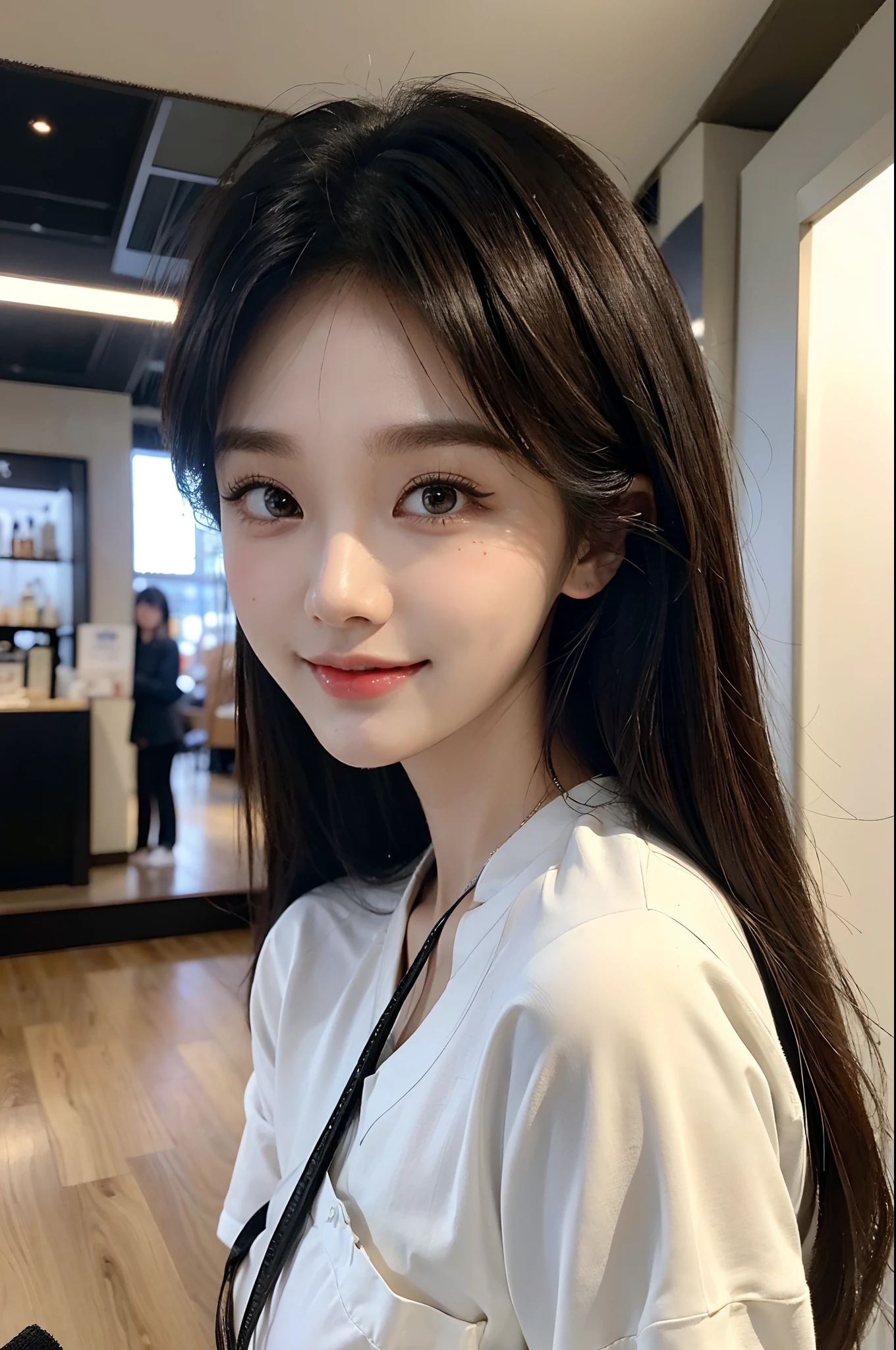 masterpiece、top-quality)、1 beutiful girl、Slim body、((Black and white plain clothes:1.1))、(Detailed beautiful eyes)、Walk around the store、((Boyish Brown Medium Hair))、((Smaller face))、((Neutral face))、((Face seen from the side))、((Light brown eyes))、((Korean Girl))、((18year old))、((cool lady))、((A shy smile on his face))、((Korean Makeup))、((elongated and sharp eyes))、((Happy dating))、((looking distantly))、((boyish))、((Shot from the same height as your face))、((Shorter than viewer))、((She is running ahead of the viewer))、((Hold your mouth with your hand))