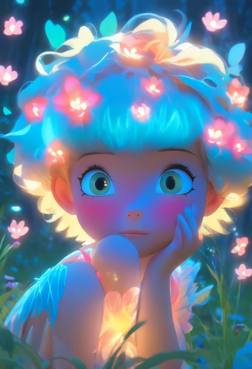 ln the forest，night moon，Mini cute 3 year old flower fairy, Chubby toot，Skirt made of petals，fresh flowers，Colorful colorful，Transparent colorful wings, Magic wand，closeup cleavage，Light attenuation，Glow effects，depth of fields，high light，Real light，Ray traching，oc rendered，Hyper-realistic，best qualtiy，8K，Works of masters，super-fine，Detailed pubic hair，Correct anatomy，sharp focus on eyes，Bokeh，Facial features are carefully depicted，in style of hayao miyazaki，Miyazaki animation style