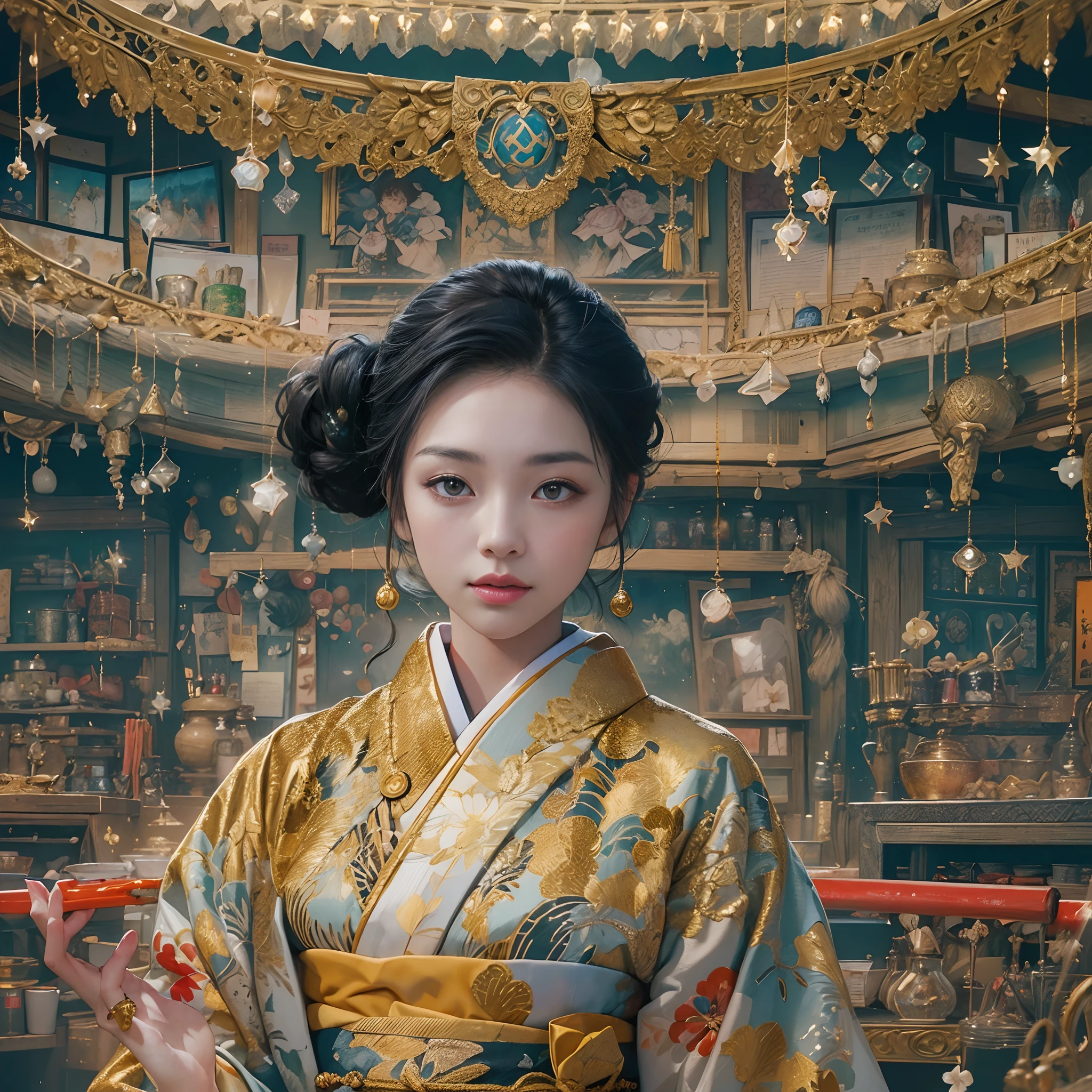 watching at viewers、Background with((ancient city:1.2)And the moon、((dense background))、(Colorful:0.8),,(Solo:1.2), (Ink splashing),(splashes of colour),((watercolor paiting))),BREAK {{{Luxury kimono(Colorful kimono(Detailed golden embroidery,))}}}、face perfect,Depict a beautiful and graceful woman of Japan。poneyTail、Woman with shiny black hair、perfect hand、Heart in the eye。full body Esbian。 Wallpaper 8K, .Blur the background with a sickle,((masutepiece)), ((Best Quality)),epicd(Lige Fries Photography、sony a7、50 millimeters、pores:1.5、Farbe、ultra-detailliert:1.5、film grains:1.4、hyper realisitic:1.5)、octan render、 ultra realistic lifelike textures、masterpiece、unrealengine5、the Extremely Detailed CG Unity 8K Wallpapers、Madly detailed photo、Ultra-realistic light、(Pulitzer Prize for Best Photography、Taylor Wessing Award for Best Photography)