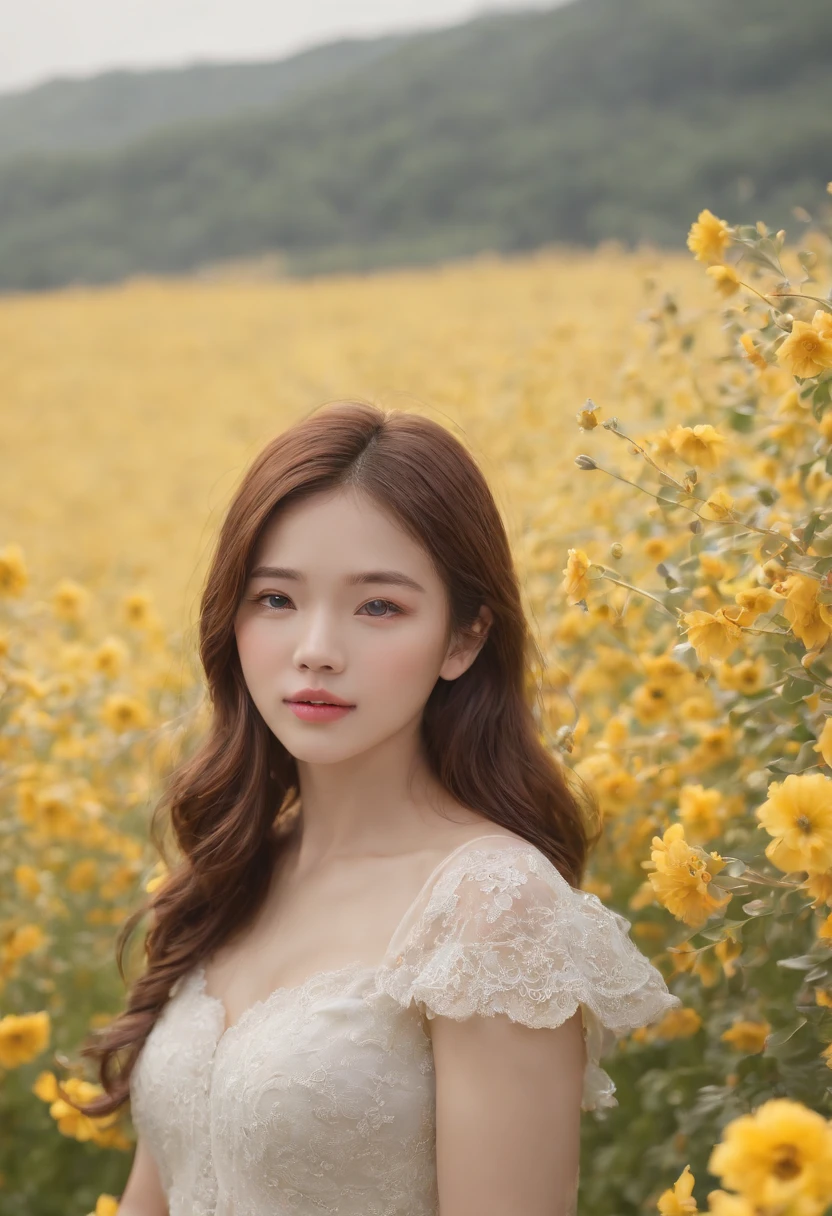 top-quality、tmasterpiece、超A high resolution、(Photorealsitic:1.4)、RAW photo、1girl in、doress、cropped shoulders、flower field、鎖骨