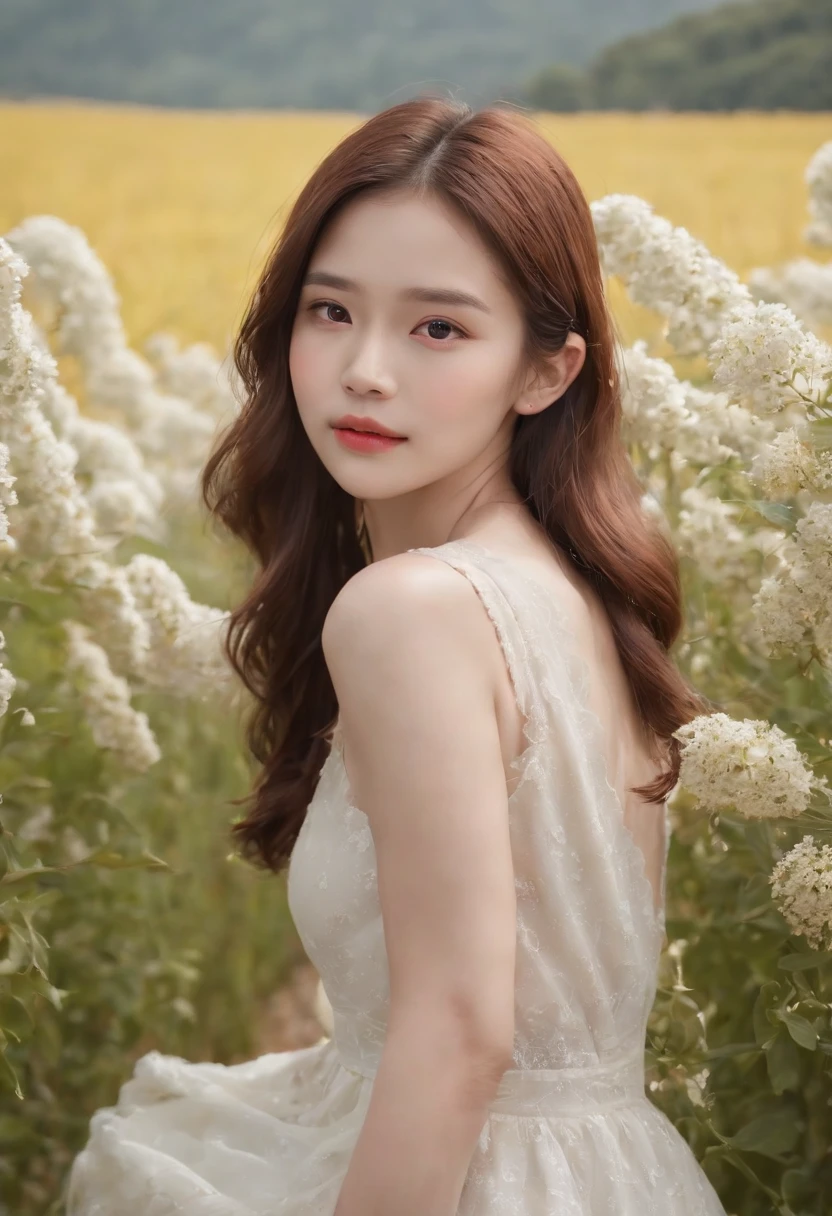 top-quality、tmasterpiece、超A high resolution、(Photorealsitic:1.4)、RAW photo、1girl in、doress、cropped shoulders、flower field、鎖骨