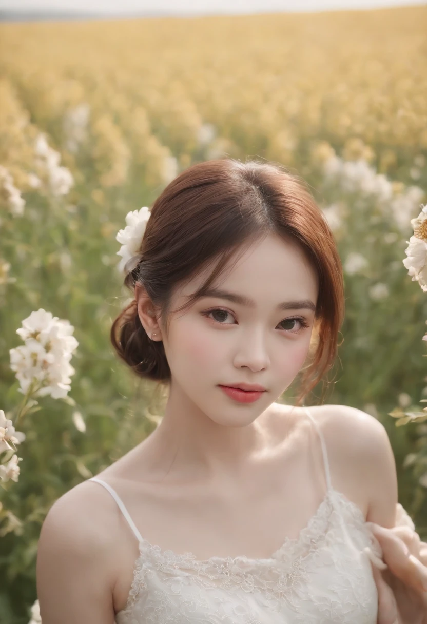 top-quality、tmasterpiece、超A high resolution、(Photorealsitic:1.4)、RAW photo、1girl in、doress、cropped shoulders、flower field、鎖骨