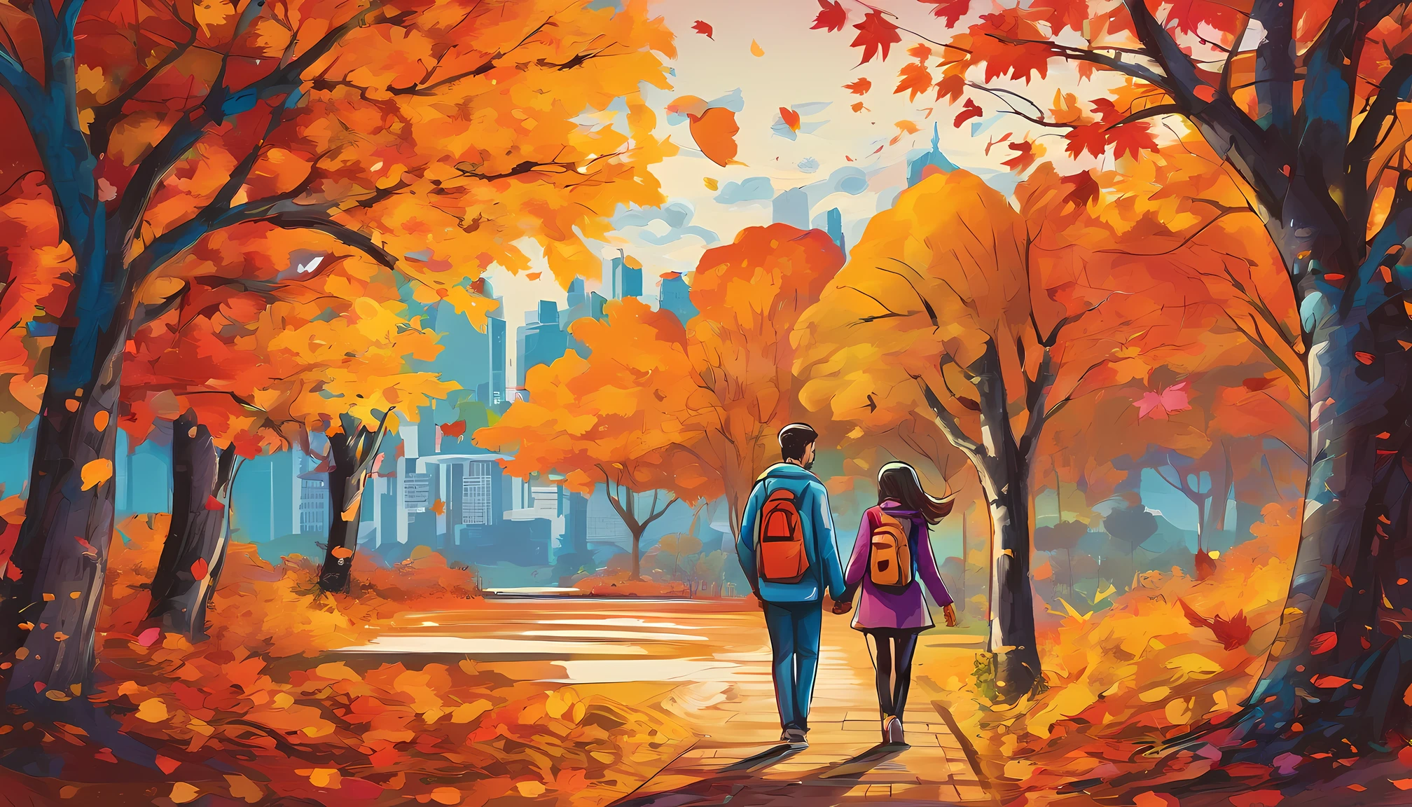 Canada、Colored leaves、Maples、A hill、Maple tree、leaves falling、1man and 1girl, 1adult stylish man and 1high school girl, Resting under a large maple tree、Autumn landscape、Autumn scene、blissful expression、