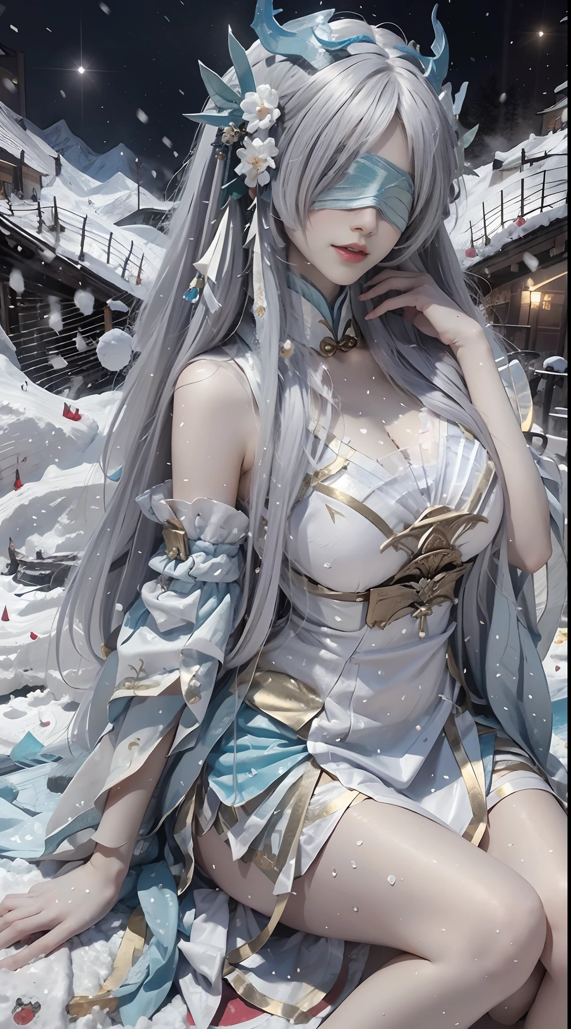 Beautiful celestial mage，Amazing young ethereal characters，shaxi，A flowing magic robe，White Hanfu，xianxia fantasy，Beauty Delfin，Ethereal fantasy，Elegant and charming cosplay，one-girl，((sitted))，Bend your legs，((Top-down view))，Feminine and colorful，It's tumultuous，Hands relax naturally，nighttime scene，Lots of neon，Cover your eyes with a bandage，Snow-capped mountains in the background