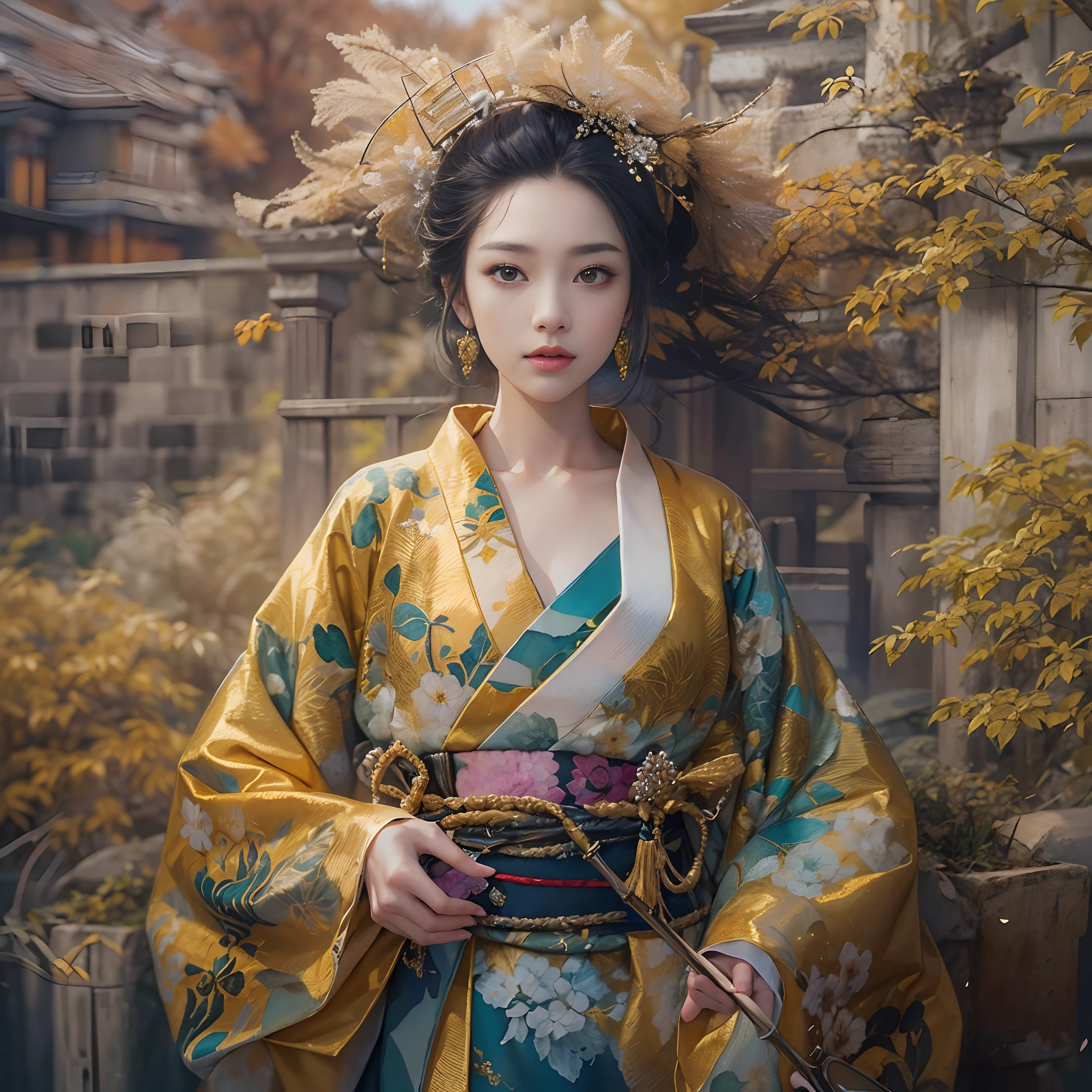 watching at viewers、Background with((ancient city:1.2)And the moon、((dense background))、(Colorful:0.8),,(Solo:1.2), (Ink splashing),(splashes of colour),((watercolor paiting))),BREAK {{{Luxury kimono(Colorful kimono(Detailed golden embroidery,))}}}、face perfect,Depict a beautiful and graceful woman of Japan。poneyTail、Woman with shiny black hair、perfect hand、Heart in the eye。full body Esbian。 Wallpaper 8K, .Blur the background with a sickle,((masutepiece)), ((Best Quality)),epicd(Lige Fries Photography、sony a7、50 millimeters、pores:1.5、Farbe、ultra-detailliert:1.5、film grains:1.4、hyper realisitic:1.5)、octan render、 ultra realistic lifelike textures、​masterpiece、unrealengine5、the Extremely Detailed CG Unity 8K Wallpapers、Madly detailed photo、Ultra-realistic light、(Pulitzer Prize for Best Photography、Taylor Wessing Award for Best Photography)