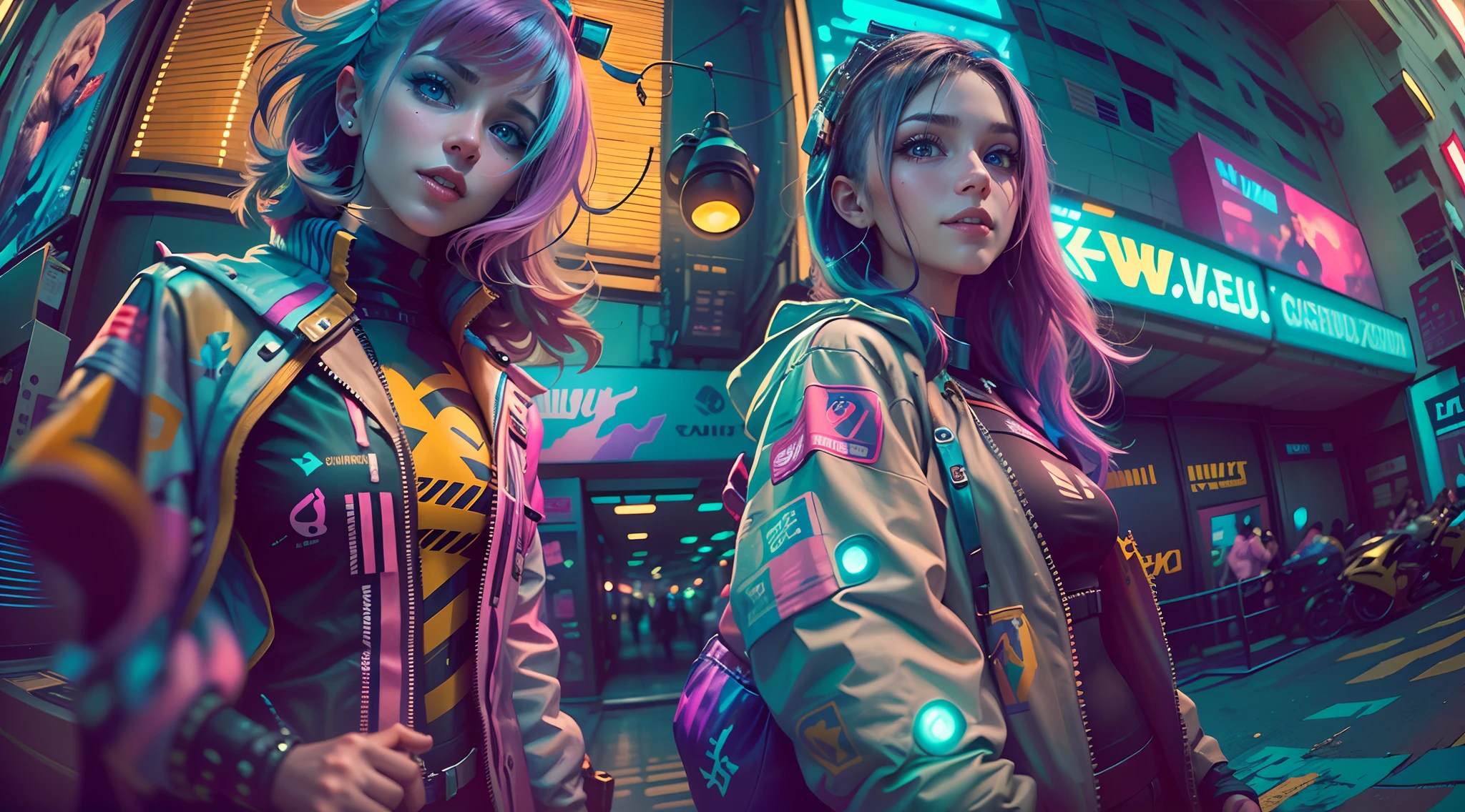 (2 cyberpunk girls wearing colorful Harajuku style pop outfit)), ((((fisheye lens)))), cowboy shot, wind, messy hair, ((cyberpunk 2077 cityscape)), (cyberpunk aesthetics and atmosphere:1.3), bright colors, smiling, ((cinematic lighting))