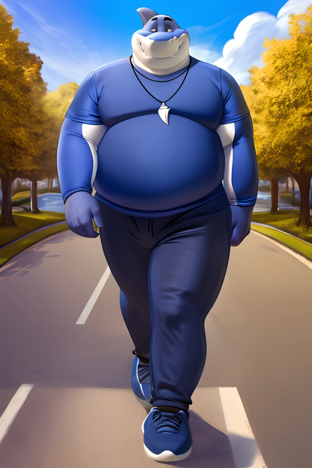 mr shark, plump, fat, belly, black eyes, (soft shading), 4k, hi res, five fingers, detailed hands, ((detailed face, (detailed eyes:1.0), detailed)), (full body), shirt, 1boy, ((dark blue sports pants)), blue pullover, dark blue shoes with white soles, male focus, dog tags, giant head, huge head, big head, locking at front, walking