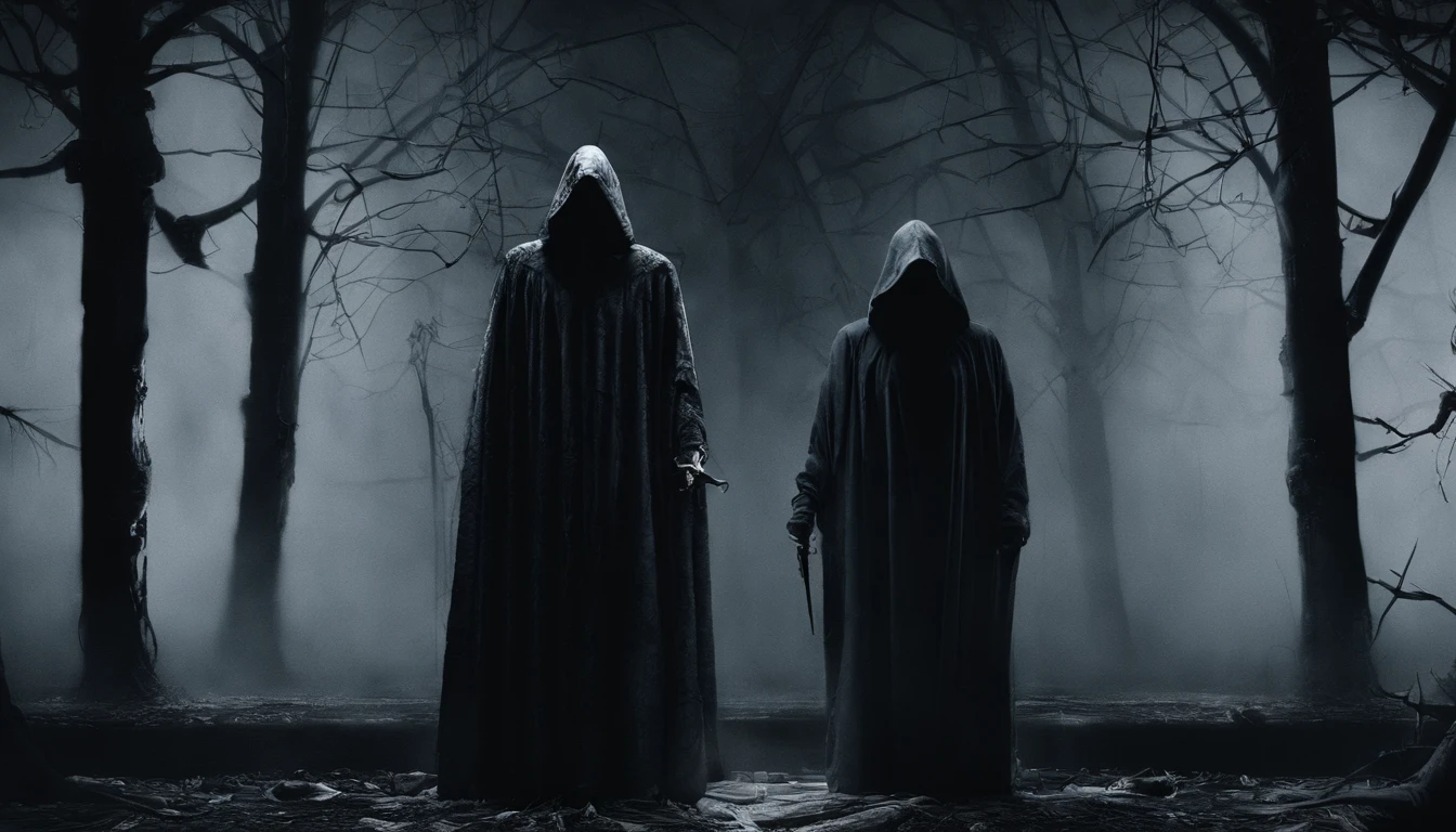 Create a frighteningly detailed and realistic depiction of the hooded figure of Death. The scene is expected to feature a black silhouette with a skull on a face and a skeletal hand holding a menacing sickle. Esta figura sinistra deve ter como pano de fundo uma noite nebulosa iluminada pela luz fria da lua. A imagem deve exalar uma atmosfera sinistra e arrepiante. Use Octane rendering to capture realistic textures and lighting. The resolution should be an impressive 8K, ensuring extraordinary clarity and precision in portraying the sinister aspect of Death.