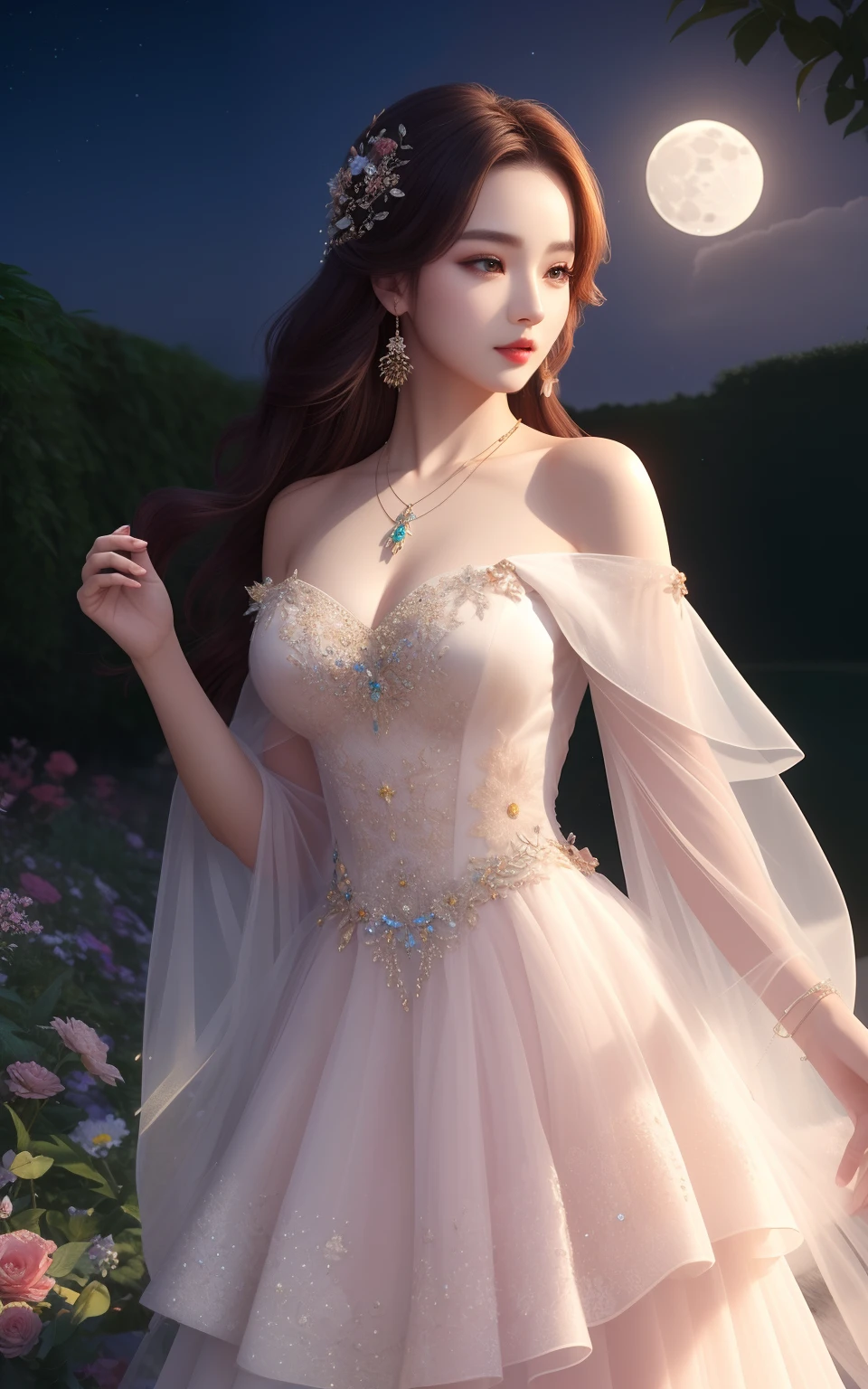 Masterpiece,best quality, high_resolution, cg, 4k, 8k, necklace, jawelry, ultra detailed, hair ornament, distinct_image, detailed background ,girl, upon_body, off shoulders dress, dazzling dress,flower,garden,moon, night, perfect shadow