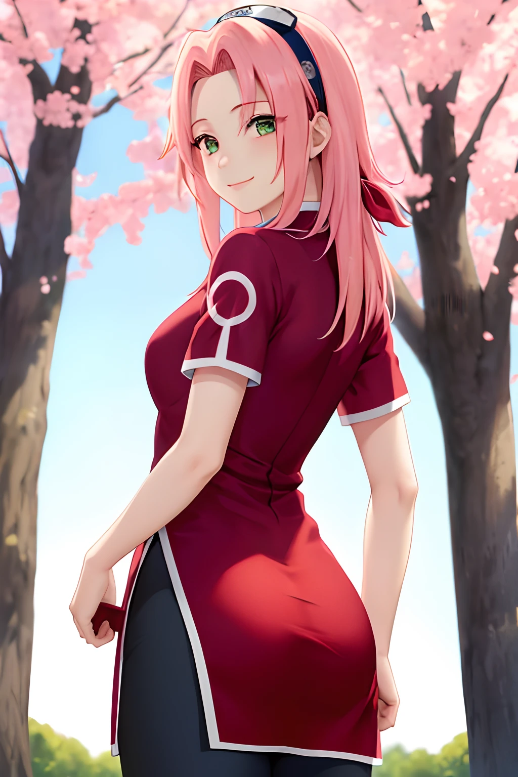 巨作， Best quality at best， 1girll， sakura haruno， medium  breasts, smile，With pink hair， Long hair waiter， （Green eyeballs:1.4)， Front protection， Cherry trees，Cherry blossoms flying，red cleft thigh dress, Tight cropped trousers , Uniform body, tight pants, from back, ass focus, Lifting skirt