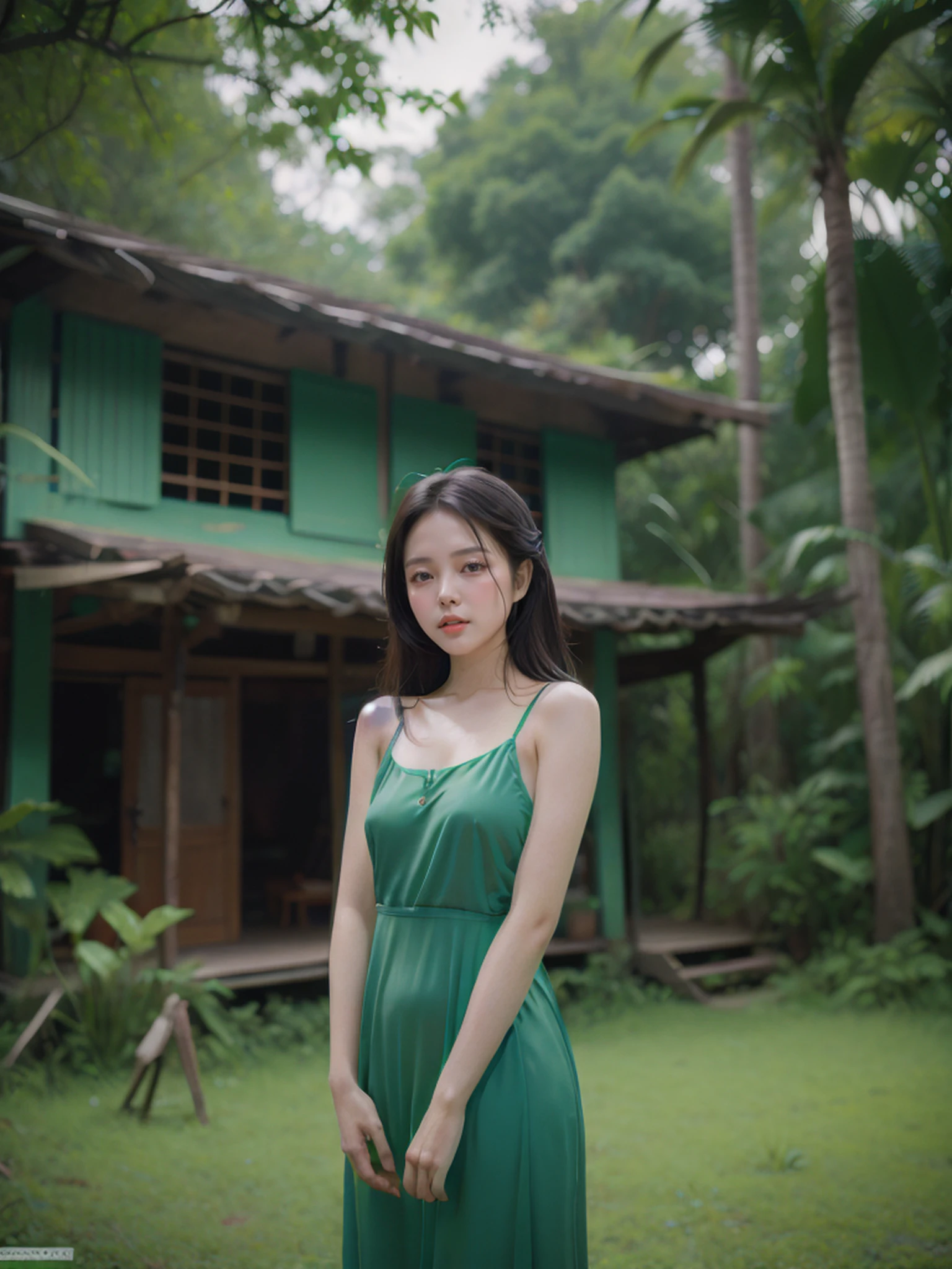 (1 Vietnamese girl), 26 years old, sexy lustful body, well-proportioned, face very detailed, , standing  nakedbathing outside a big house in the forest, Full nudity body, eyes and body looking straight at the camera, 8K photo. nsfw:1.0