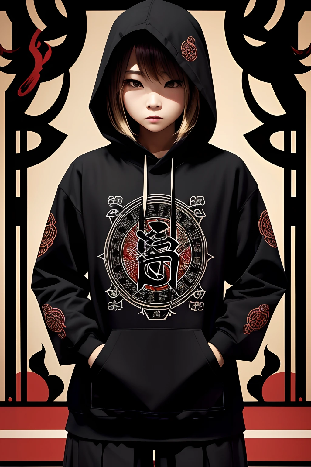 creat steetwear design, evil FEMALE japanese mitology, kanji, traditional, pattern, letter, magic, full color, sad, frustrated, dark, deep, dark hood, cry,