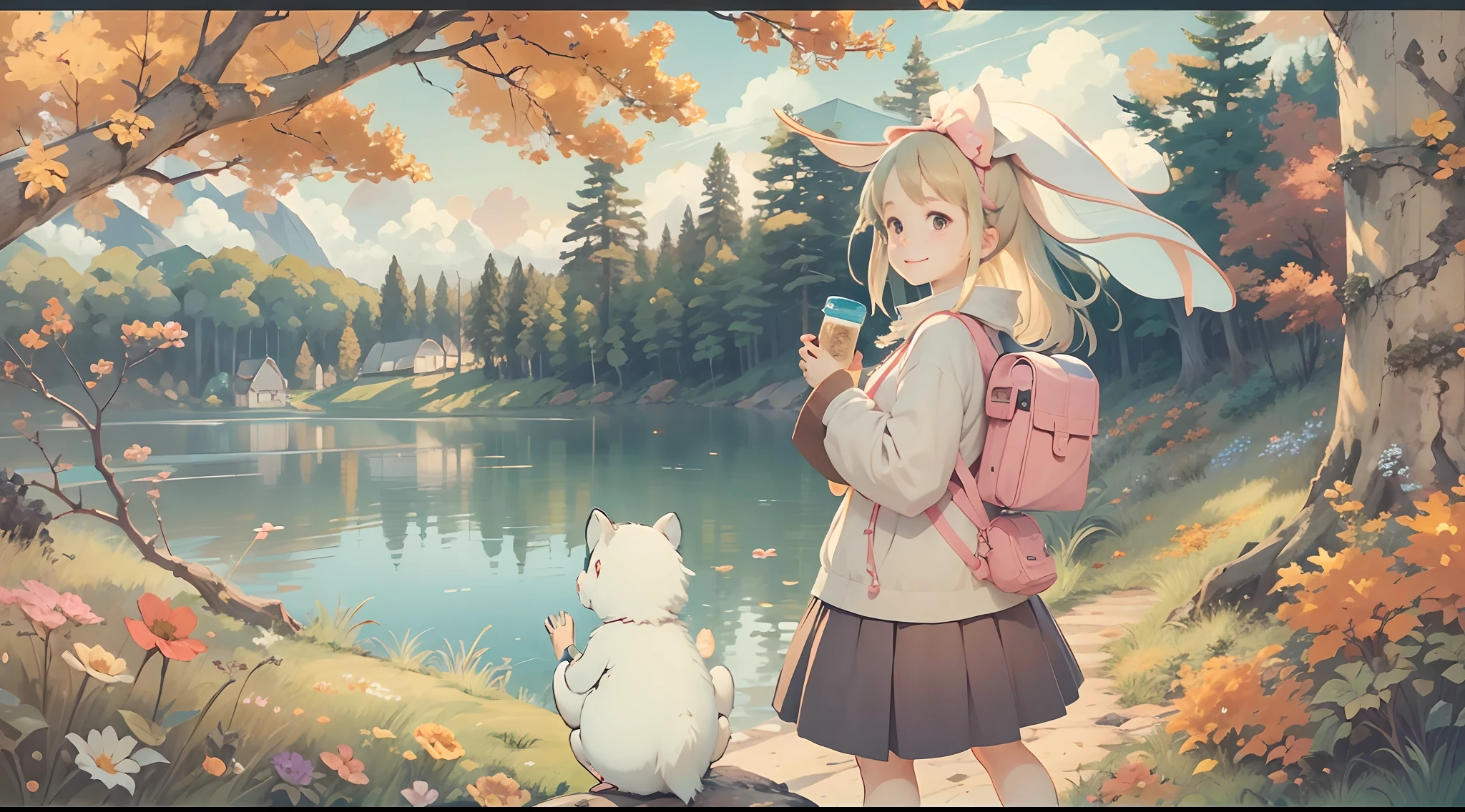 (Studio Ghibli style 1.3)(Ghiblido color tone 1.3)A 13-year-old girl,By the lake in the forest,Little squirrels are by your side,flower sea,having picnic,There are a lot of fruits,Extreme light and shadow,Aurora chase,Extreme ambient light,The ultimate lake reflection,heal,bright sun,(with blue sky and white clouds)(and its delicate facial features1.3)(and its delicate eyes1.3)(Ultra-wide angle shooting1.2)tmasterpiece,awardwinning,(Miyazaki Hayao Witch House Express Style 1.3)In the clouds,Skysky,(Huge red bow on the head 1.2)(She is carrying a white bear backpack1 cross-body.2)(A smile from the heart)(A hopeful smile)
