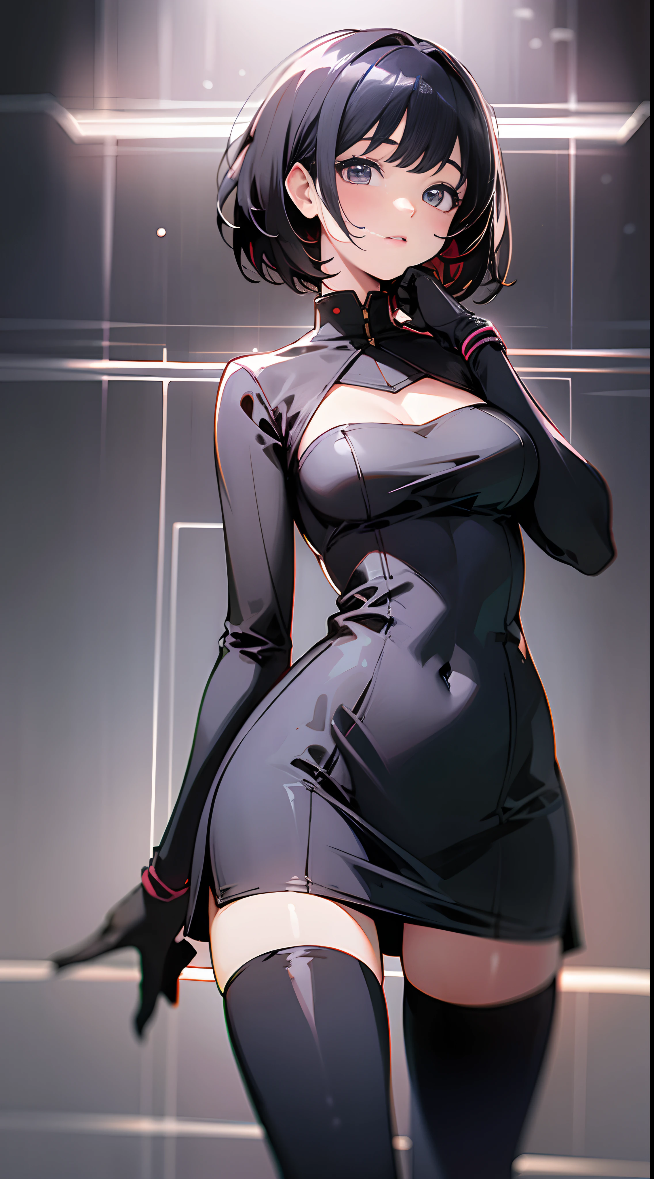 black hair, short-cut, girl, cutout dress, plain background, ultra-high picture quality, 8k, studio lighting