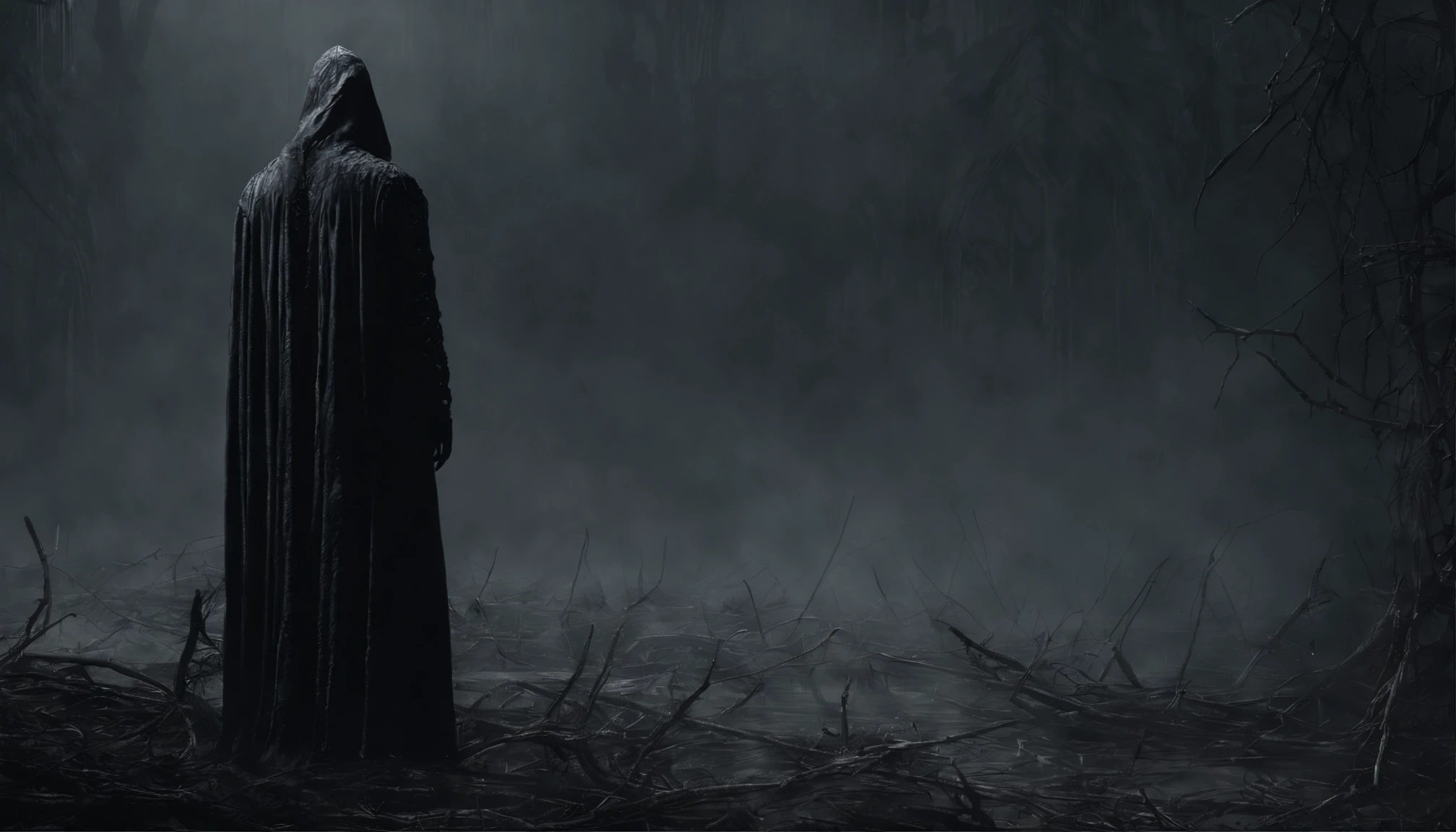 Create a frighteningly detailed and realistic depiction of the hooded figure of Death. The scene is expected to feature a black silhouette with a skull on a face and a skeletal hand holding a menacing sickle. Esta figura sinistra deve ter como pano de fundo uma noite nebulosa iluminada pela luz fria da lua. A imagem deve exalar uma atmosfera sinistra e arrepiante. Use Octane rendering to capture realistic textures and lighting. The resolution should be an impressive 8K, ensuring extraordinary clarity and precision in portraying the sinister aspect of Death.