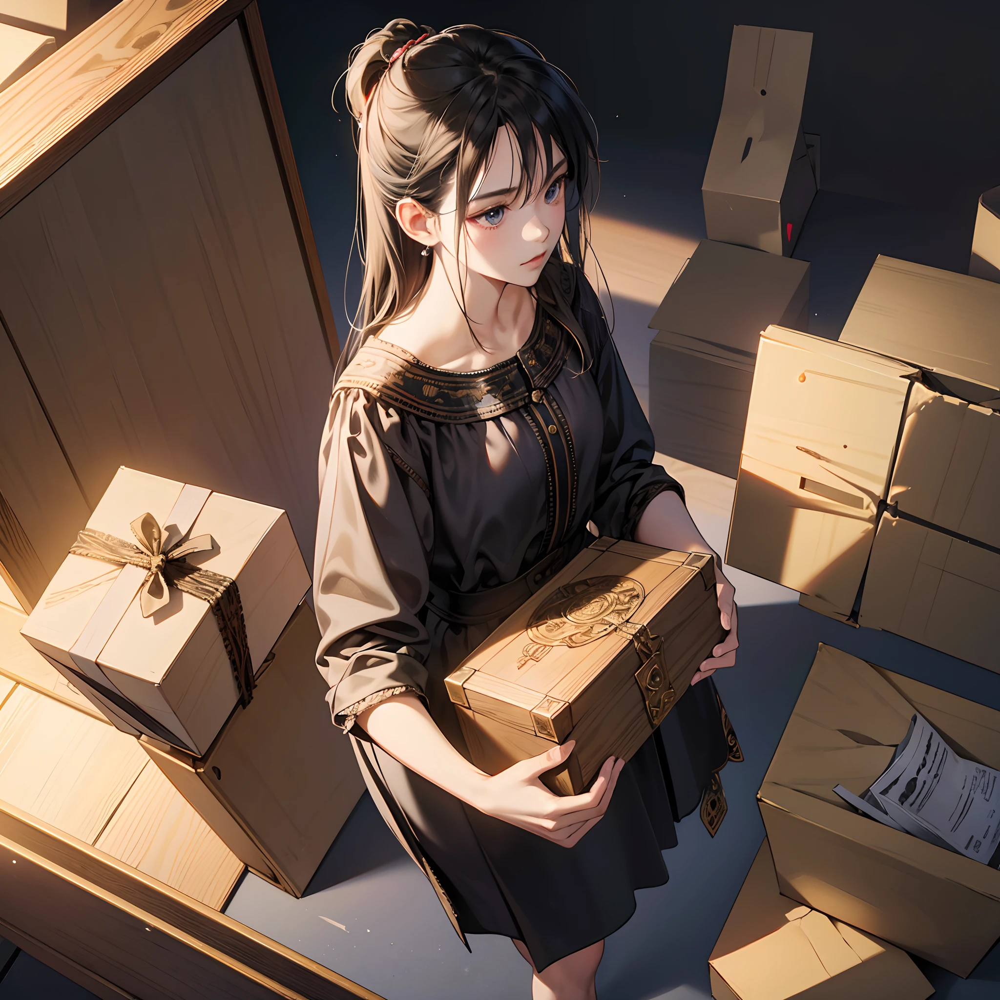 Photo, Piece of art, masutepiece, Super Detail, High quality, awardwinning, 8K, Photorealistic, boxes, Medium size, dark turbid color, Long shadows due to lighting, Mysterious, Pandora's Box, Fantastic background