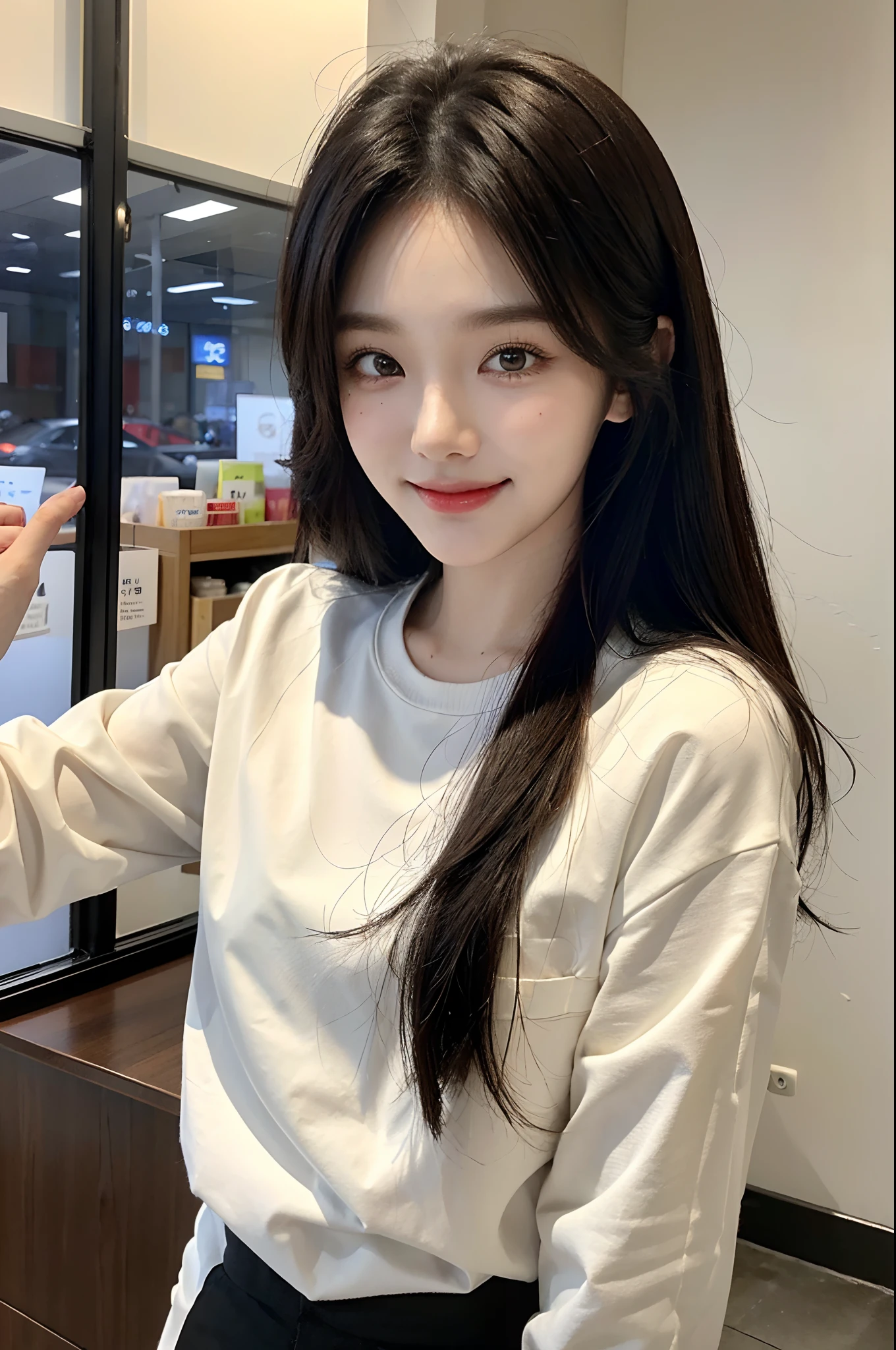 ​masterpiece、top-quality)、1 beutiful girl、Slim body、((Black and white plain clothes:1.1))、(Detailed beautiful eyes)、Walk around the store、((Boyish Brown Medium Hair))、((Smaller face))、((Neutral face))、((Face seen from the side))、((Light brown eyes))、((Korean Girl))、((18year old))、((cool lady))、((smile shy))、((Korean Makeup))、((elongated and sharp eyes))、((Happy dating))、((looking distantly))、((boyish))、((Shot from the same height as your face))、((Shorter than viewer))、((She is happily running in front of the viewer))