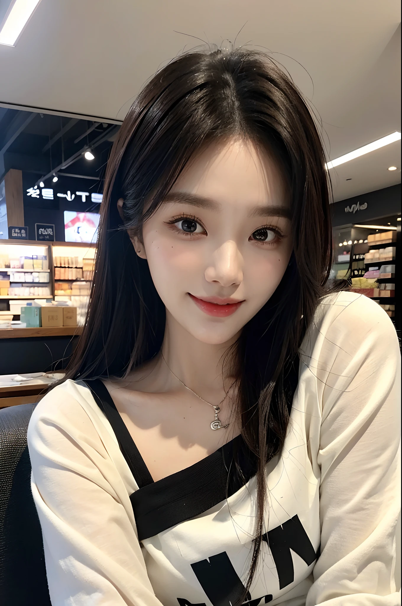 ​masterpiece、top-quality)、1 beutiful girl、Slim body、((Black and white plain clothes:1.1))、(Detailed beautiful eyes)、Walk around the store、((Boyish Brown Medium Hair))、((Smaller face))、((Neutral face))、((Face seen from the side))、((Light brown eyes))、((Korean Girl))、((18year old))、((cool lady))、((smile shy))、((Korean Makeup))、((elongated and sharp eyes))、((Happy dating))、((looking distantly))、((boyish))、((Shot from the same height as your face))、((Shorter than viewer))、((She is happily running in front of the viewer))