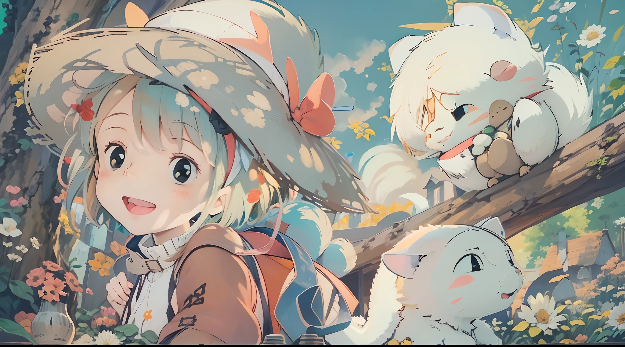 (Studio Ghibli style 1.3)(Ghiblido color tone 1.3)A ,By the lake in the forest,Little squirrels are by your side,flower sea,having picnic,There are a lot of fruits,Extreme light and shadow,Aurora chase,Extreme ambient light,The ultimate lake reflection,heal,bright sun,(with blue sky and white clouds)(and its delicate facial features1.3)(and its delicate eyes1.3)(Ultra-wide angle shooting1.2)tmasterpiece,awardwinning,(Miyazaki Hayao Witch House Express Style 1.3)In the clouds,Skysky,(Huge red bow on the head 1.2)(Carry a cute white bear backpack 1 cross-body.2)(A smile from the heart)(A hopeful smile)(White bear dress 1.6)8k