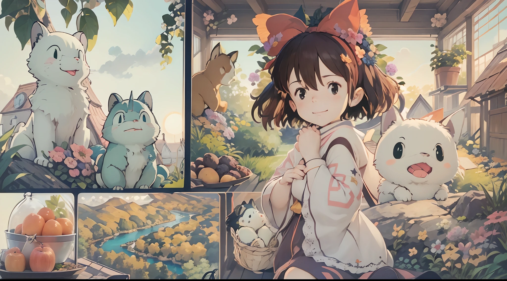 （Studio Ghibli style 1.3）（Ghiblido color tone 1.3）A -yeld giBy the lake in the forest，Little squirrels are by your side，flower  sea，having picnic，There are a lot of fruits，Extreme light and shadow，Aurora chase，Extreme ambient light，The ultimate lake reflection，heal，bright sun，（with blue sky and white clouds）（and its delicate facial features1.3）（and its delicate eyes1.3）（Ultra-wide angle shooting1.2）tmasterpiece，awardwinning，（Miyazaki Hayao Witch House Express Style 1.3）In the clouds，Skysky，（Huge red bow on the head 1.2）（Carry a cute white bear backpack 1 cross-body.2）（A smile from the heart）（A hopeful smile）（White bear dress 1.6）8k