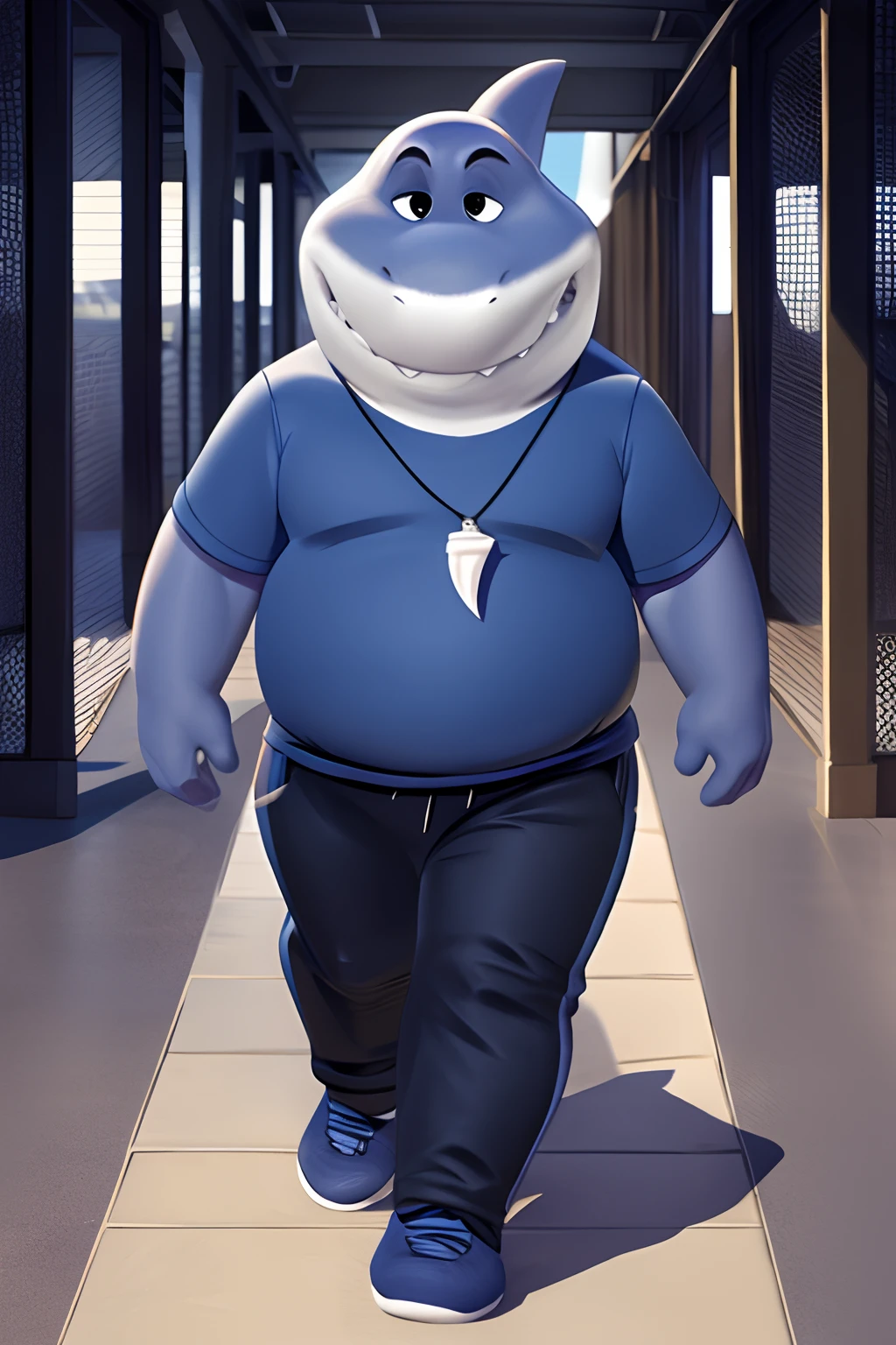 mr shark, plump, fat, belly, black eyes, (soft shading), 4k, hi res, five fingers, detailed hands, ((detailed face, (detailed eyes:1.0), detailed)), (full body), shirt, 1boy, ((dark blue sports pants)), blue pullover, dark blue shoes with white soles, male focus, dog tags, giant head, huge head, big head, locking at front, walking