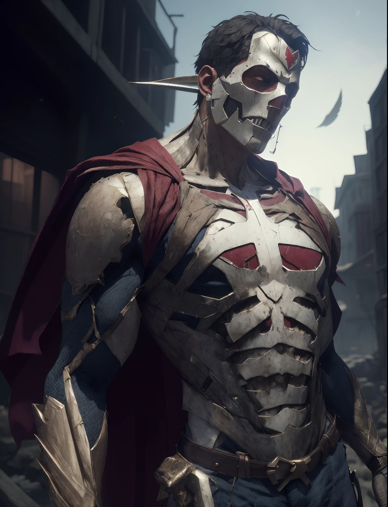 Arafed man in a red cape and a white mask with a red cape, Ciborgue morto-vivo masculino musculoso, super detailed octane rendering, personagem de fantasia octane render, greg rutkowski octane render, detailed cinematic render, octane render cinematic, arte do personagem do motor irreal, Super renderizado em octano render, CGSetivity UHD 4K altamente detalhado, arte conceitual escura fotorrealista, amazing octane render