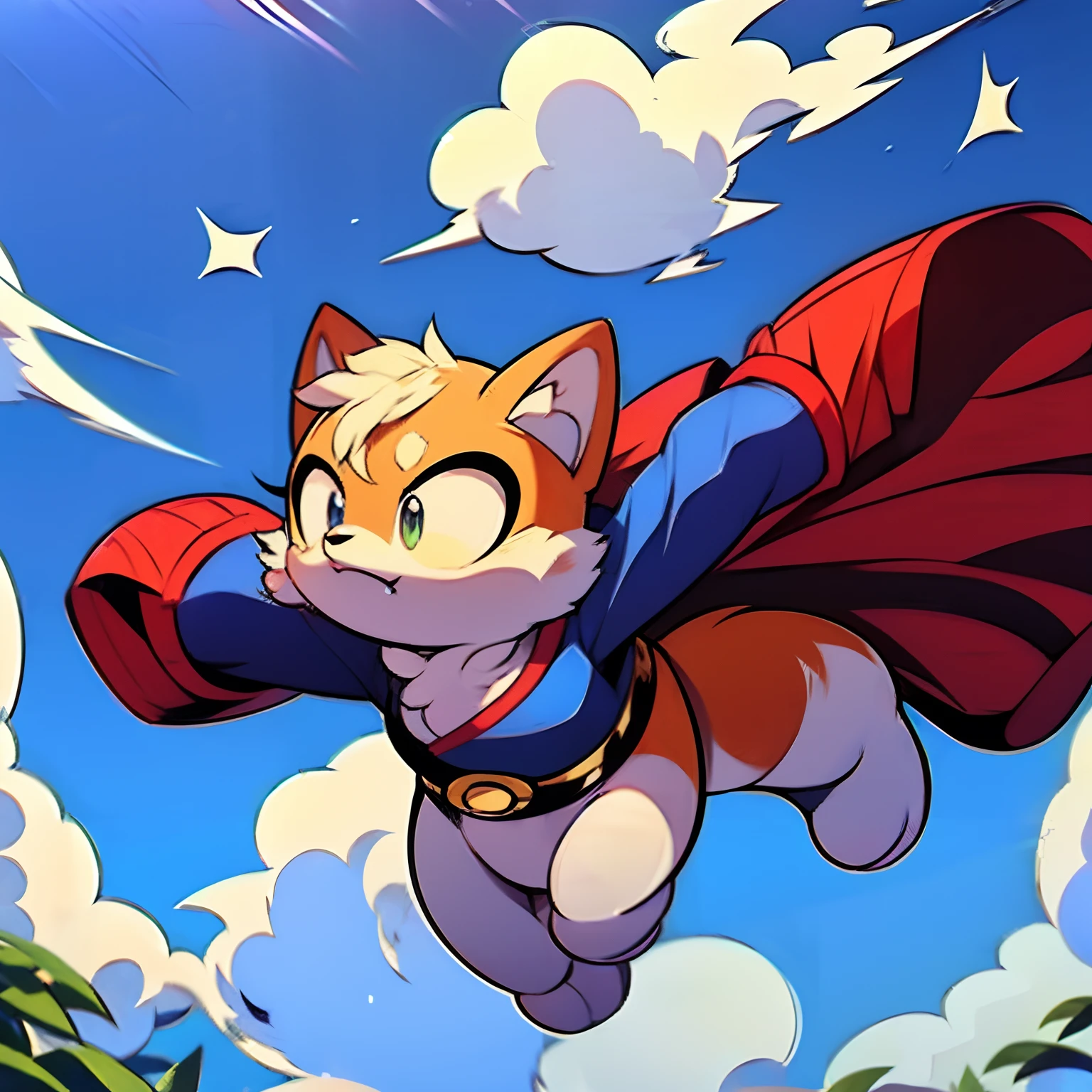 Shiba Inu flying in the sky、Dressed as Superman