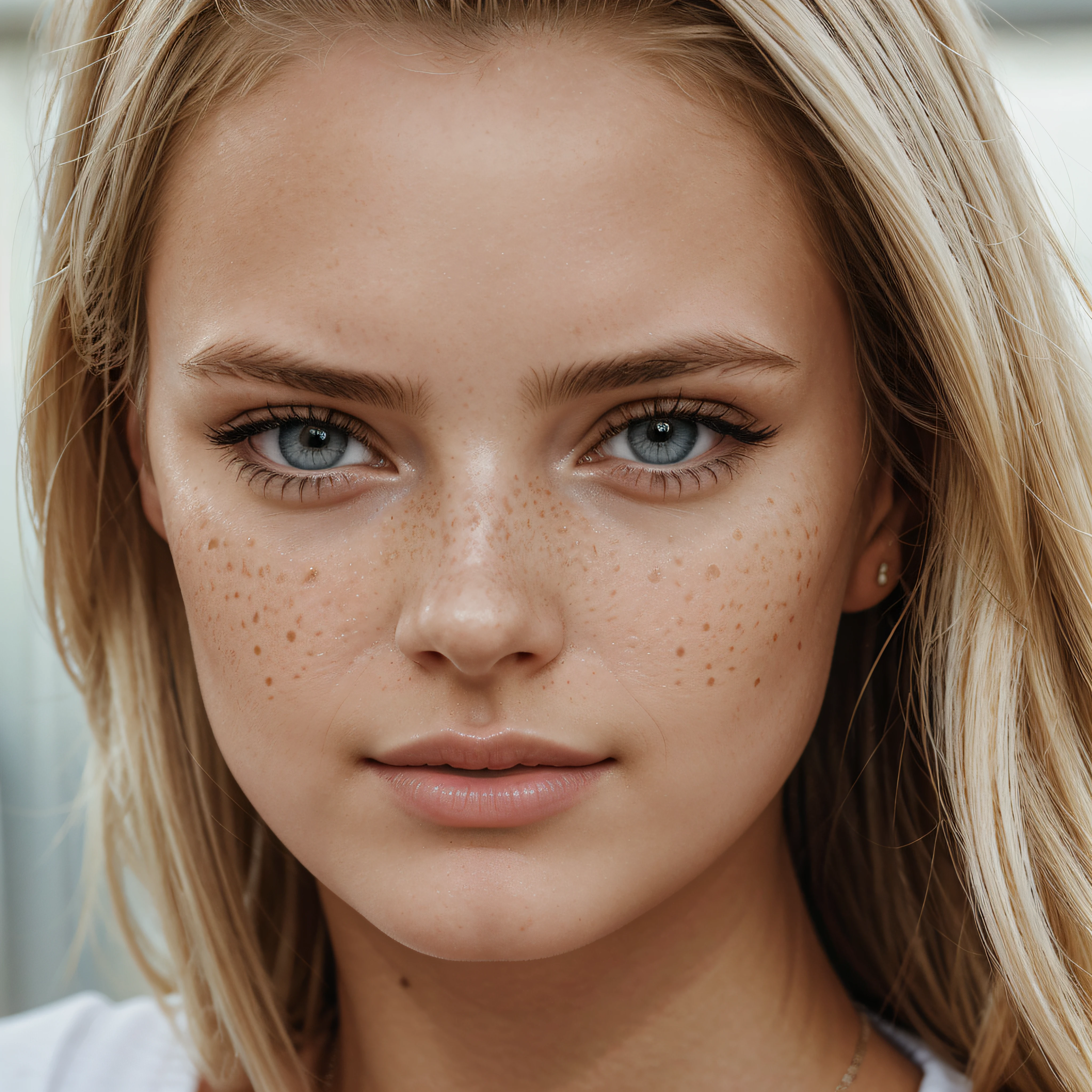 ultra face close up, face up,1Girl 18 years old, nur, Lange Haare, Blick auf den Betrachter, blonde hair, BLONDE, Blond girl, blaue Augen, Schmuck, Halskette, schulterfrei, pullover, lips, realistisch, Nase, Flirten mit der Kamera, close up shot, realism, detailed eyes, skin imperfection, small forhead, fine small freckles, natural, without reflection and shadow on the face, without glare, ultra high face texture, colours, realism, 8K, natural, big lips, full lips, hyper detailed photo, photorealistic, PHOTO, RAW, modeling, girl model, epic advertisment, cinematic shot, cinematic, pretty face, hot, sexy, NO WRINKLES, (BLONDE 1.0), White hair, blond hair.