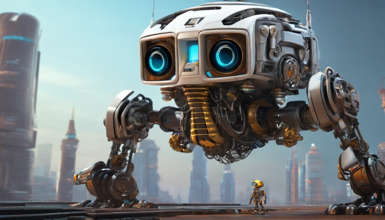 wide vision, ultra realista, altamente detalhado, pintura digital, arte conceitual, suave, foco nítido, tiro grande angular , Wall-E , babysitter, cute , with a cute baby , There is a cute robot standing in the future city play with a cute baby, which is a very cute robot, cute elaborate epic robot, beautiful robot character design,  ??? Robot, Portrait of a futuristic robot, robotic mixed with organic, Future Robot, humanoid character, concept robot, White Robot, robot concept art, Steampunk Robot ,wall-E, masterpiece,extreme detailed,top quality