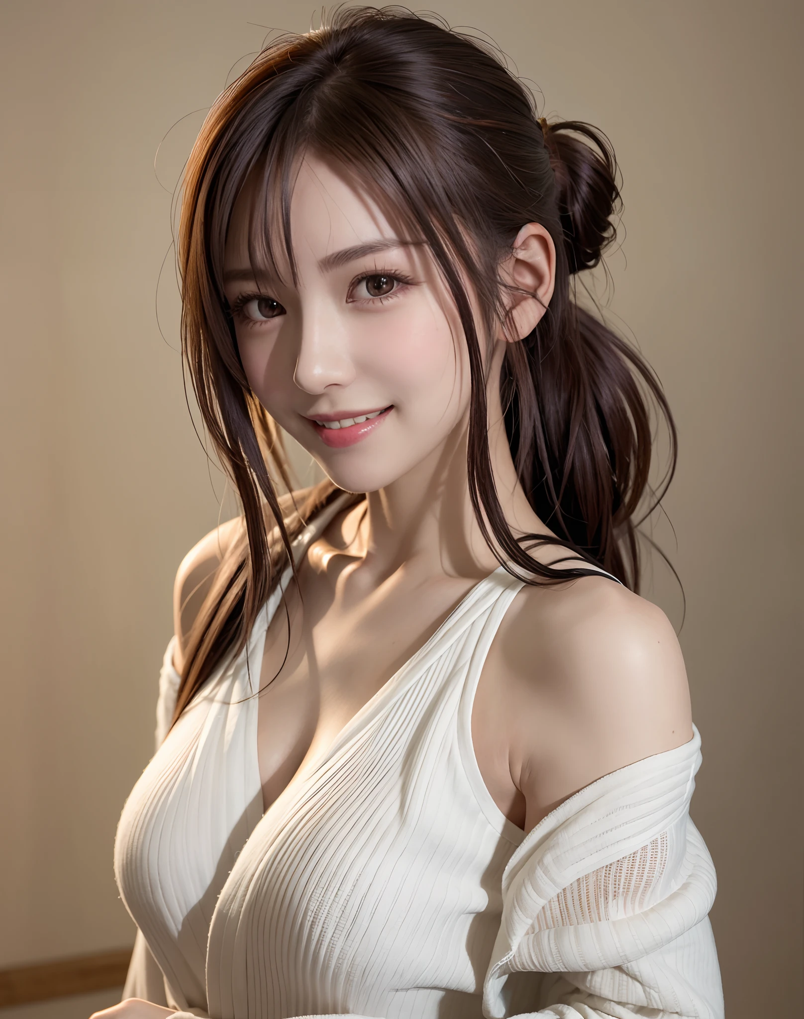 (Best Quality), (masutepiece), (High resolution), (Intricate details:0.2),(Professional Lighting), dressing gown, Detailed background,off shoulders, (Previous view), 1girl in, Solo, (Beautiful face), Slim body, Fine skin, Smile, brown hair in a ponytail, ...