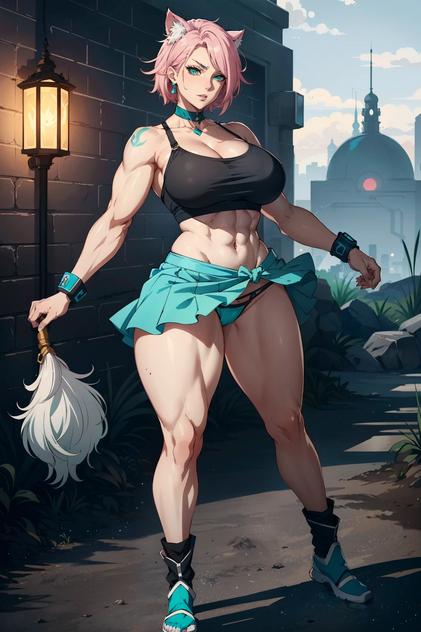 ((mature adult tall woman, mature_face)), (glowing aqua eyes), aqua cat ears, (super narrow waist), gradient (pink hair), large breasts, large areolae, (oily skin) ,
arafed woman in a black bra top and white skirt posing, anime character, full body art, loba andrade from apex legends, vi from league of legends, vi from arcane, glamourous cosplay, anime inspired, anime cosplay, akali from league of legends, realistic cosplay, demonic tattoo, muscular, gigantic, thick thighs, lined stripped panties, fighting stance, ((evil😈))