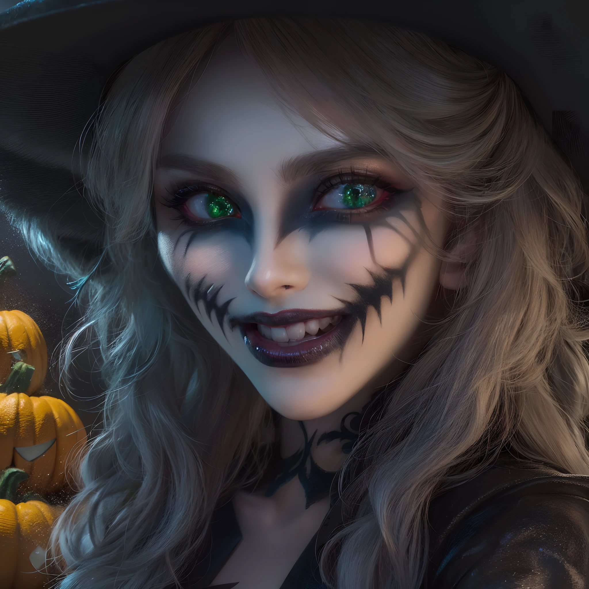 Witch big Hat、close-up of the smile face、close-up of the smile face、Halloween Designer、Halloween Supermodel、makeup、Glossy lips、Shining eyes、(realisitic、hight resolution)、(1 woman in)、Do-Up Eye、Korean Girl、(Best Quality), (masutepiece), (1woman in), Solo, a beauty woman, Perfect face, Highly detailed airbrush art((Surreal))、Volumetric lighting、(top-quality)、The ultra-detailliert、Highly detailed colorful details、(Bright lighting)、dynamic compositions、ultra-detailliert、nffsw、Her eyes are glowing green、Background Halloween、pumpkins、