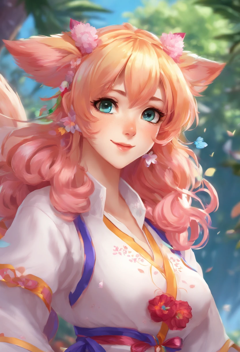 Ahri from league of legends, corpo inteiro, floresta branda, 8k, alta qualidade, detalhes, Rosto perfeito detalhado, olhos bonitos detalhados, Perfect hand detailed, dedos detalhados 8k bonitos femininos pequenos delicados, feminina bonita, ((vestindo roupa da Kochou Shinobu)), sorrindo para telespectador, Vista da diagonal superior,((usando roupas de Kochou Shinobu)), ((destaque nas 9 caudas da ahri)) , standingn, corpo inteiro, roupas de demon slayer corpo inteiro, alta qualidade, High Definition in Detail, ((obra prima)), dedos detalhados, dedos perfeitos, dedos delicados, dedos femininos