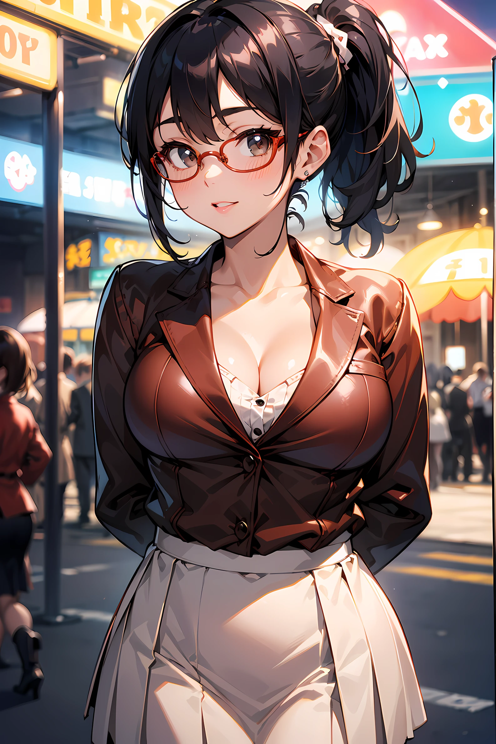 high resolution, Photo of a beautiful woman detailed_face, young handsome girl,realistic:0.5, perfect skin, (wearing a glasses:1.5), (ultra-detailed background, detailed background), bokeh, make happy expressions, happy emotion, gorgeous,pure, beautyfull detailed face and eyes,breasts, (black eyes:1.1), (Audrey Hepburn:1.3), (a extremely pretty and beautiful Japanese woman), (sexy girl), (professional attire:1.3), (22 years old: 1.1), BREAK, (red copper leather jacket:1.2, long sleeve:1.2), (beige Pleated skirt:1.2), (leather boots))), cleavage, beautiful detailed skin, (cute:1.2), (blonde hair), ((jpop idol)), (upper thigh:0.6), (depth of field),soft light, Lens Glow looking at viewer, (Drooping eyes:1.2), straight teeth,smile, floating hair, (blond hair:1.2), brown eyes BREAK movie scene, cinematic, full colors, 4k, 8k, 16k, RAW photo, masterpiece, professionally color graded, professional photography, high school girl, hair up, , soft clean focus, realistic lighting and shading, (an extremely delicate and beautiful art)1.3, elegant,active angle,dynamism pose BREAK (ponytail:1.3), (shiny-black thin hair:1.2), bangs, dark brown eyes, beautiful eyes, princess eyes, (big eyes:1.3), bangs, wearing a glasses:1.3, Hair between eyes, short hair:1.3, (slender:1.1), (medium-breasts:0.95), (thin waist: 1.15), (detailed beautiful girl: 1.4), Parted lips, Red lips, full-make-up face, (shiny skin), ((Perfect Female Body)), (upper body image:1.3), Perfect Anatomy, Perfect Proportions, (most beautiful Korean actress face:1.3, extremely cute and beautiful Japanese actress face:1.3), ,(1glasses girl:1.3, solo), ,(blush:1.1), gray background, solo focus, (bust shot:1.2), cinematic light, (nostalgic night scene:1.4), (amusement park:1.4), the vibrant glow of neon lights, retro-styled carnival rides, (arms behind back :1.4), (looking at viewer:1.2