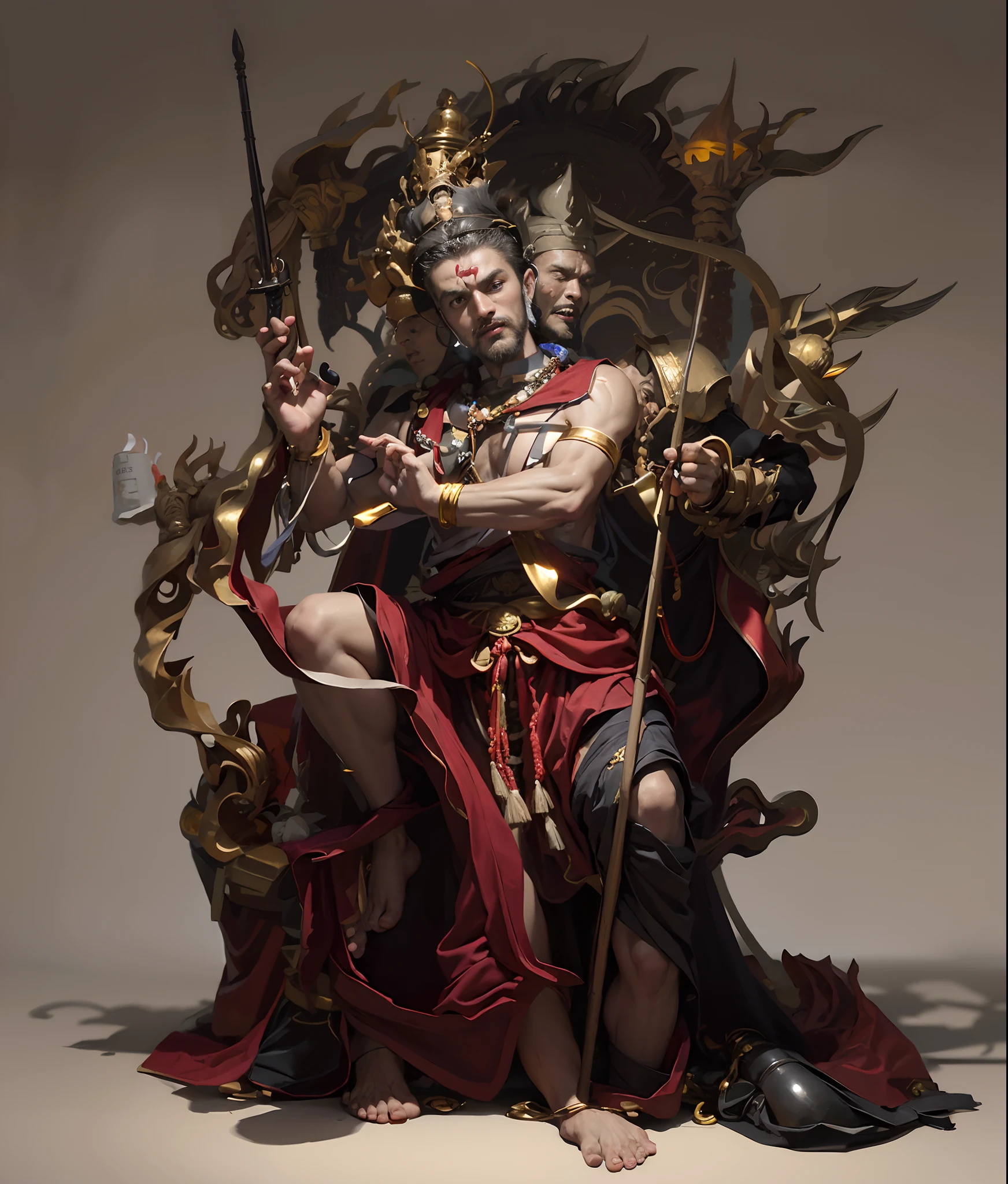 ascetic monk, India,Red skin,mythical character,Four arms,Hold the triangle metal,cane in hand,(((Buddha beads in hand))),(((Bottle in hand))),The dervishes were surrounded by red flames,Shirtless,Bare legs,Barefoot Feet,(((com um rosto quadrado))),emaciated,sbeard,com um rosto quadrado,Wide face,One meter nine,small heads,long leges,Tall guy,com um rosto quadrado,(((Strong facial muscles))),(((Chen Daoming))),(((little beard))),(((Hold the mirror with one hand:1.1))),(Vajra pestle),(Lotus leaf),Basketball player body proportions,chineseidol,looking toward the viewer,Black pupils,The body is well-proportioned,Long legs,Straight back,Fitness trainer, stars are glamorous,(((Heads-up))),Handsome,Indian,muscular face,Muscular body,Perfect proportions,The muscles have expressions in both eyes,King Yan Luo stared ahead,(((Coarse cloth clothes))),(((Ancient Roman clothing))),coarse cloth,There are muscles,,(((Shirtless))),(((Head background with round light))),(((Behind it is the sun))),(((The man emits a bright and dazzling light))),King Yan took away the metal weapon,Take the Skeleton Staff as an example,Barefoot on both feet,Step on the lotus leaf,photorealestic,professional photoshooting,Realiy,超高分辨率,tmasterpiece,